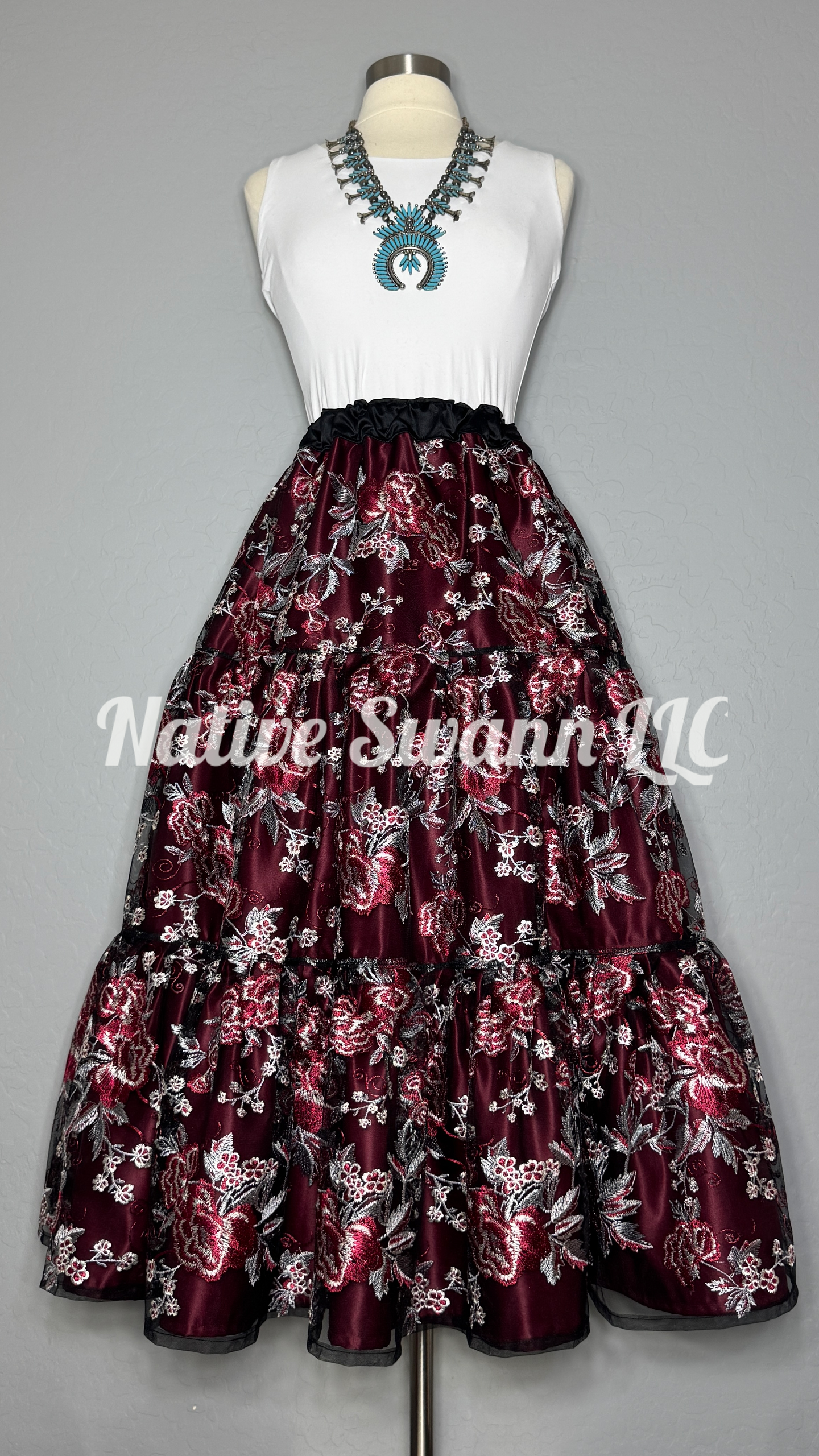 Burgundy, Grey + Black Rose Flowers Embroidered 3 Tier Overlay Satin Skirt