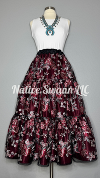 Burgundy, Grey + Black Rose Flowers Embroidered 3 Tier Overlay Satin Skirt