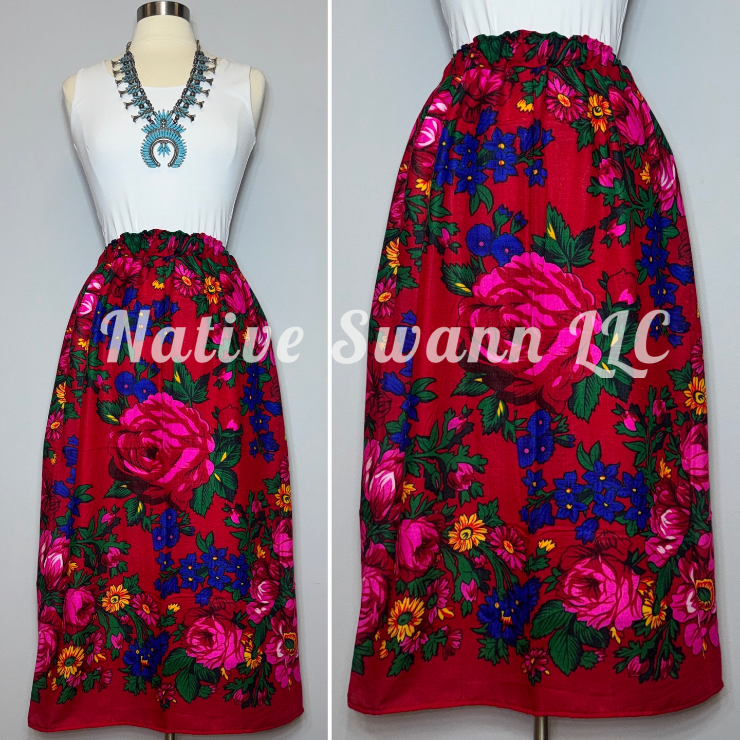 Red Granny Floral Scarf Skirt w/ Pockets & Liner
