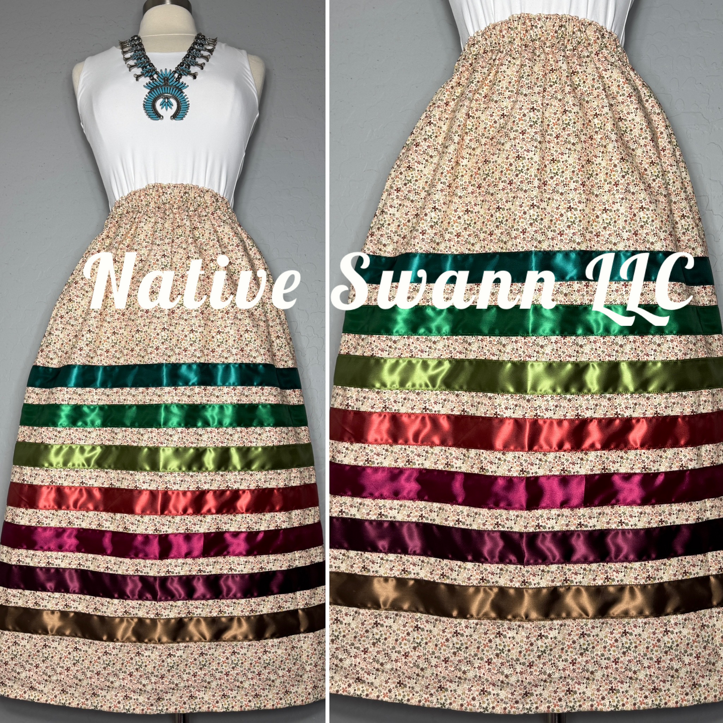 Tan-Burgundy Flowers Cotton Ribbon Skirt w/ Pockets