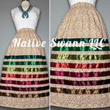 Tan-Burgundy Flowers Cotton Ribbon Skirt w/ Pockets