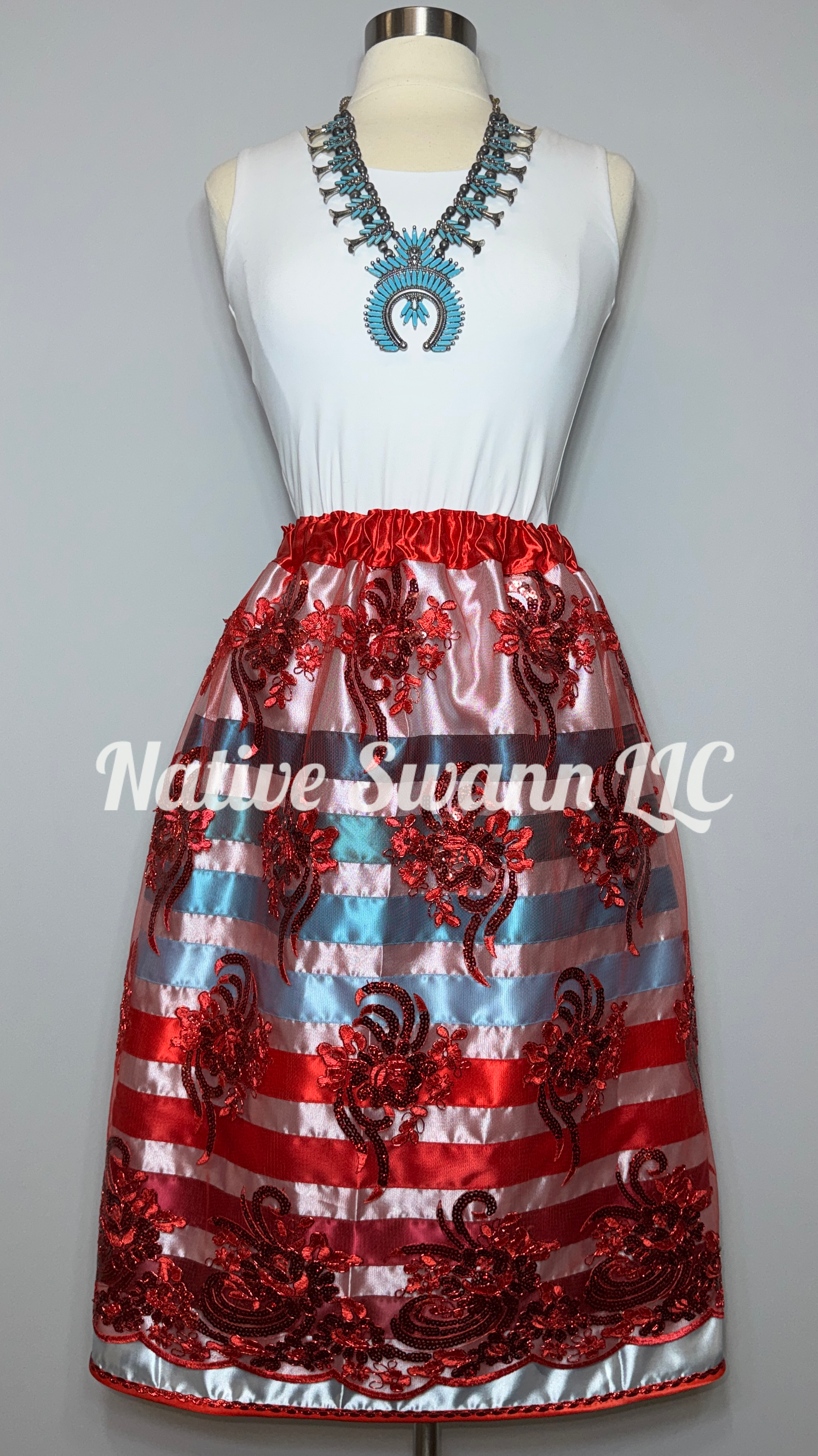 Red Florals Overlay Satin Ribbon Skirt