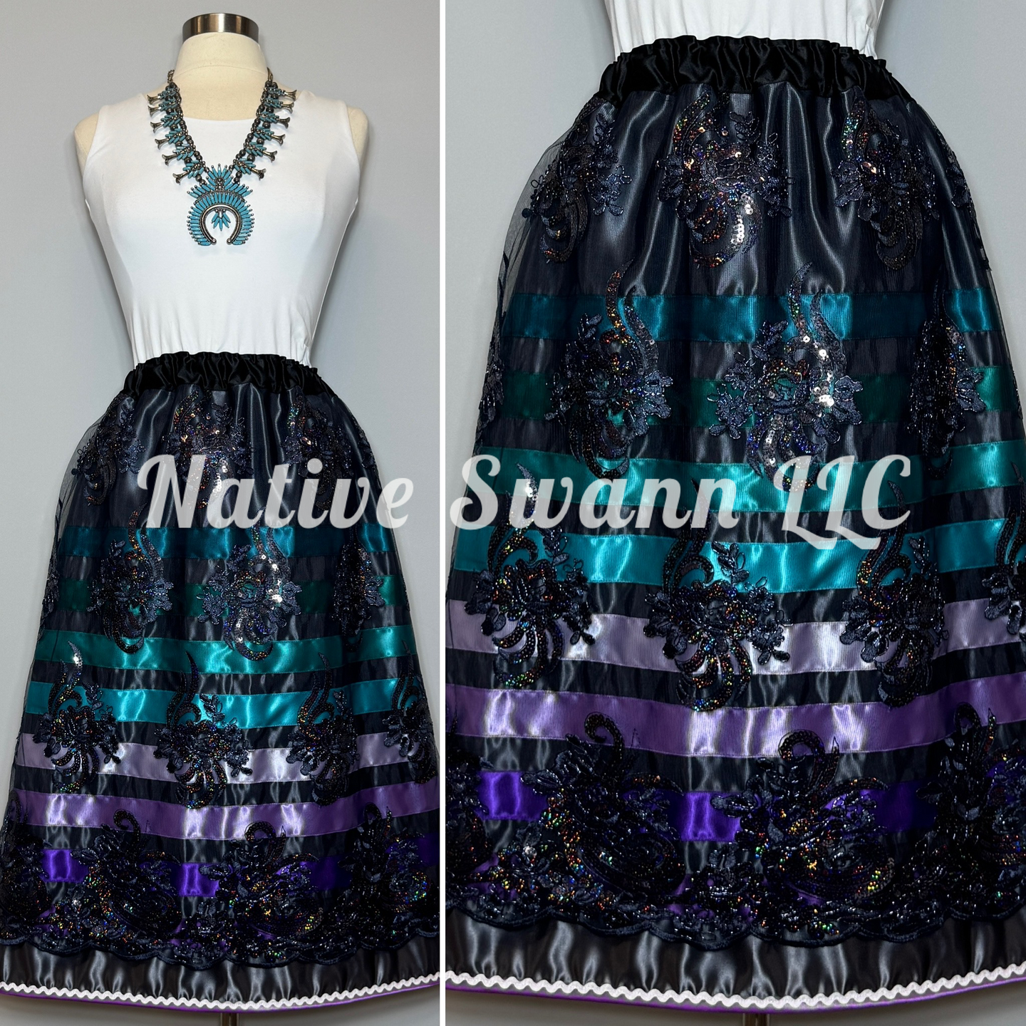 Navy Grey Floral Sequins Overlay Satin Ribbon Skirt