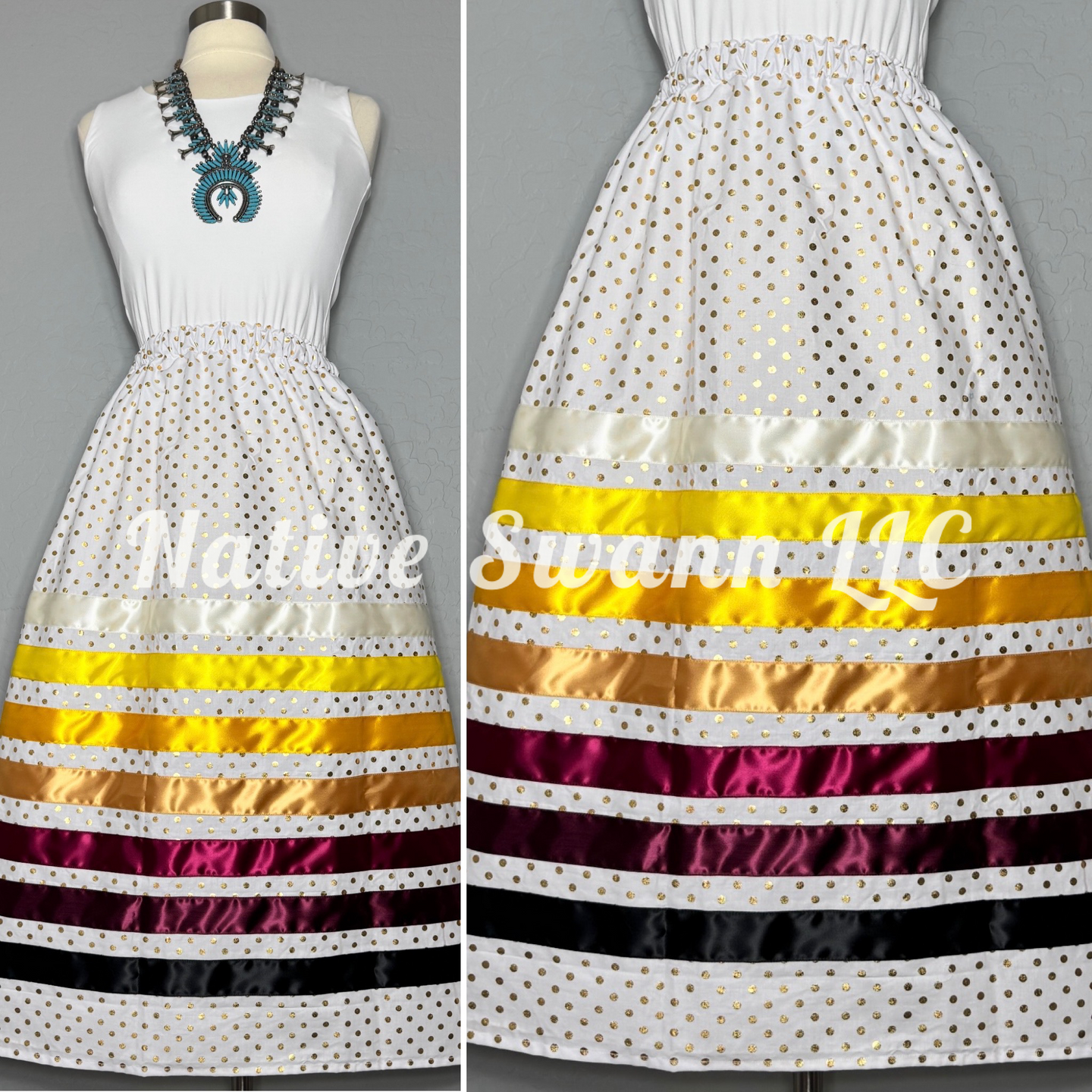 White+Gold Polka Dots Cotton Ribbon Skirt w/ Pockets
