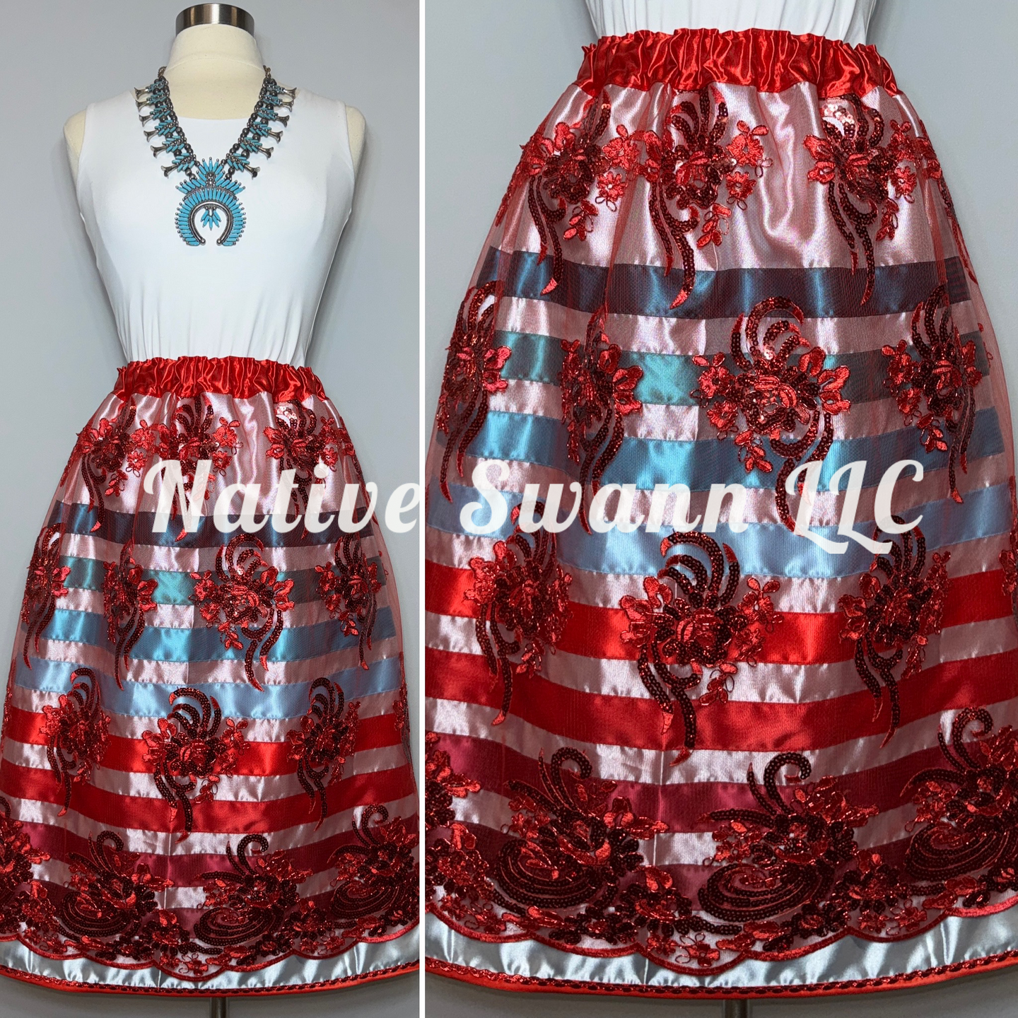 Red Florals Overlay Satin Ribbon Skirt