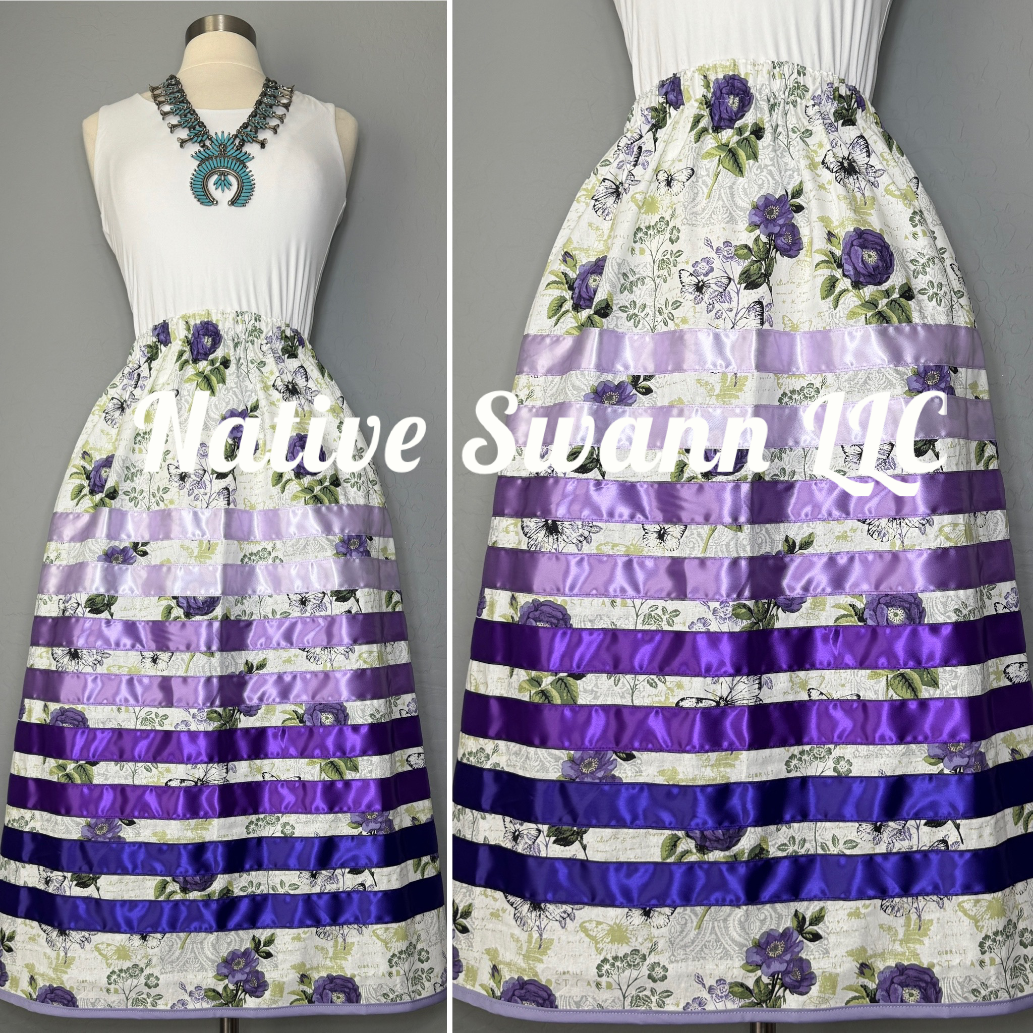 Lavender Purple Floral Cotton Ribbon Skirt w/ Pockets