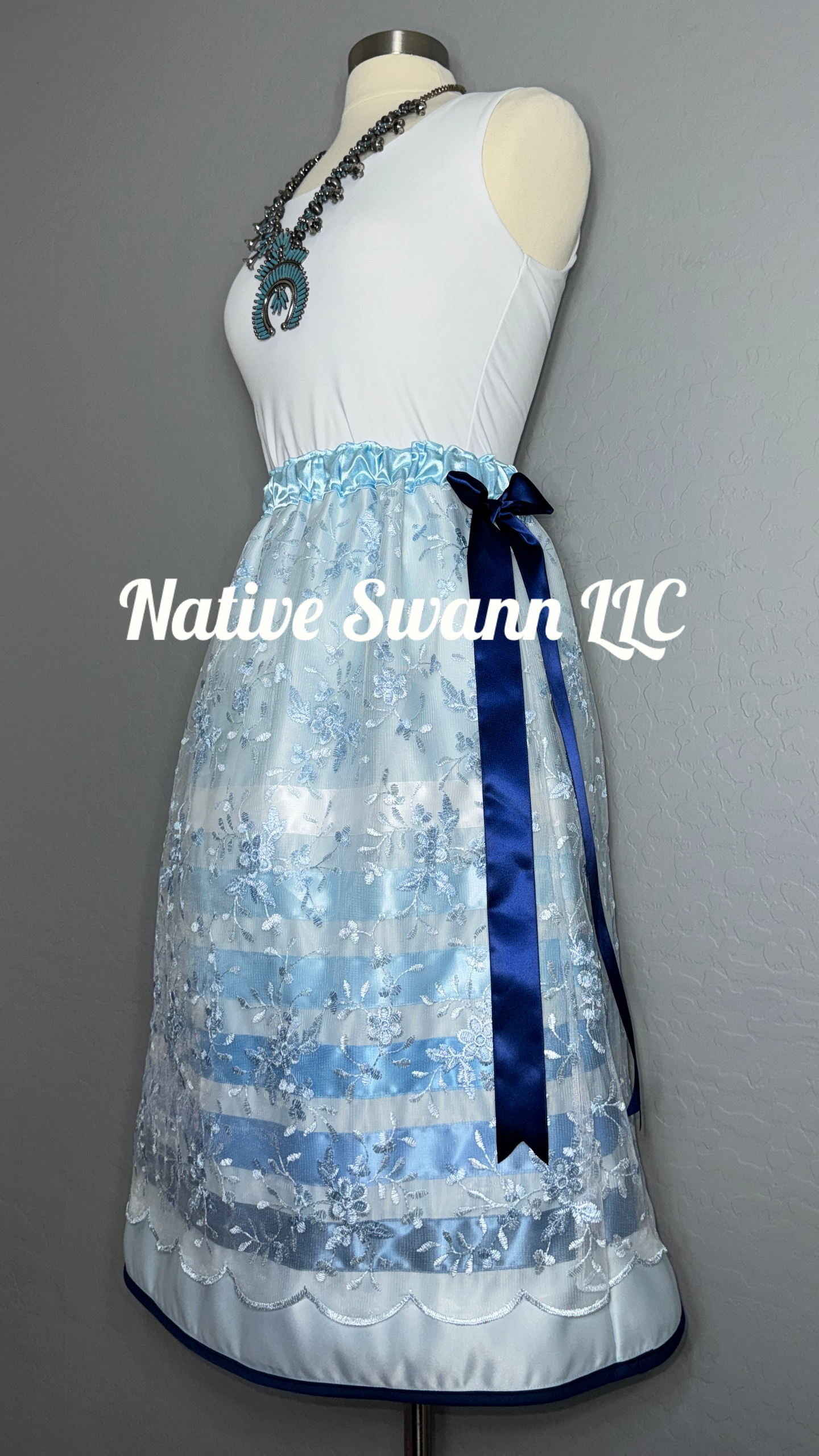 Lt Blue Embroidered Floral Overlay Satin Ribbon Skirt w/ Bows on both sides