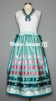 Mint Green Embroidered Florals Overlay Satin Ribbon Skirt w/ Bows on Sides