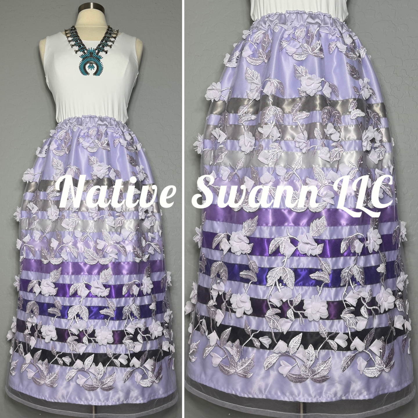 Long Lavender 3D Floral Overlay Satin Ribbon Skirt