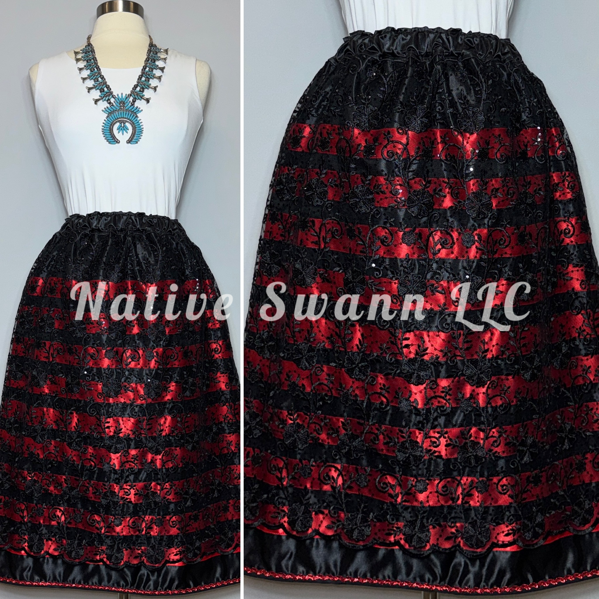Black+Black+Red Floral Overlay Satin Ribbon Skirt