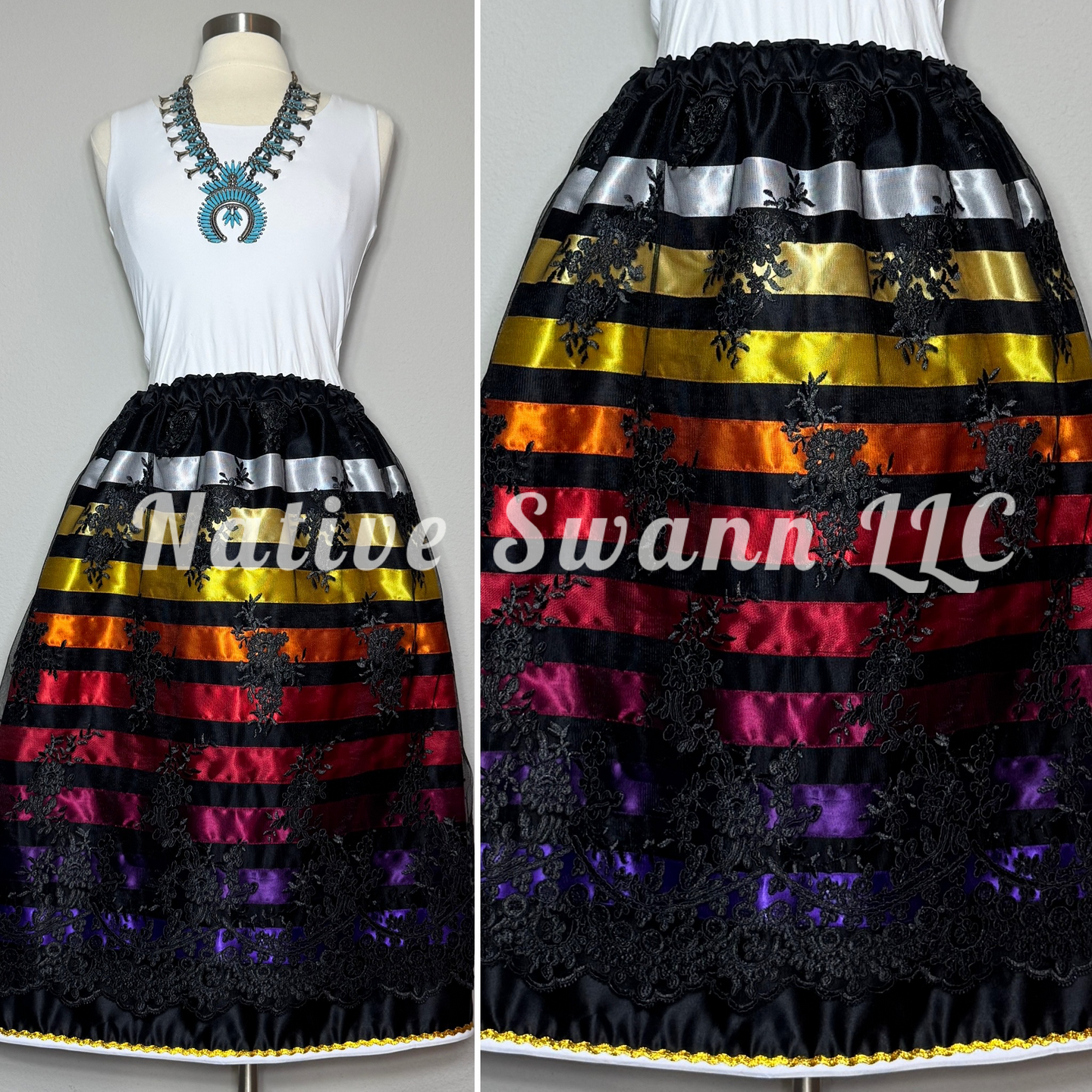 Black Floral Overlay Satin Ribbon Skirt