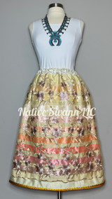 Beige-Pink Embroidered Florals Overlay Satin Ribbon Skirts