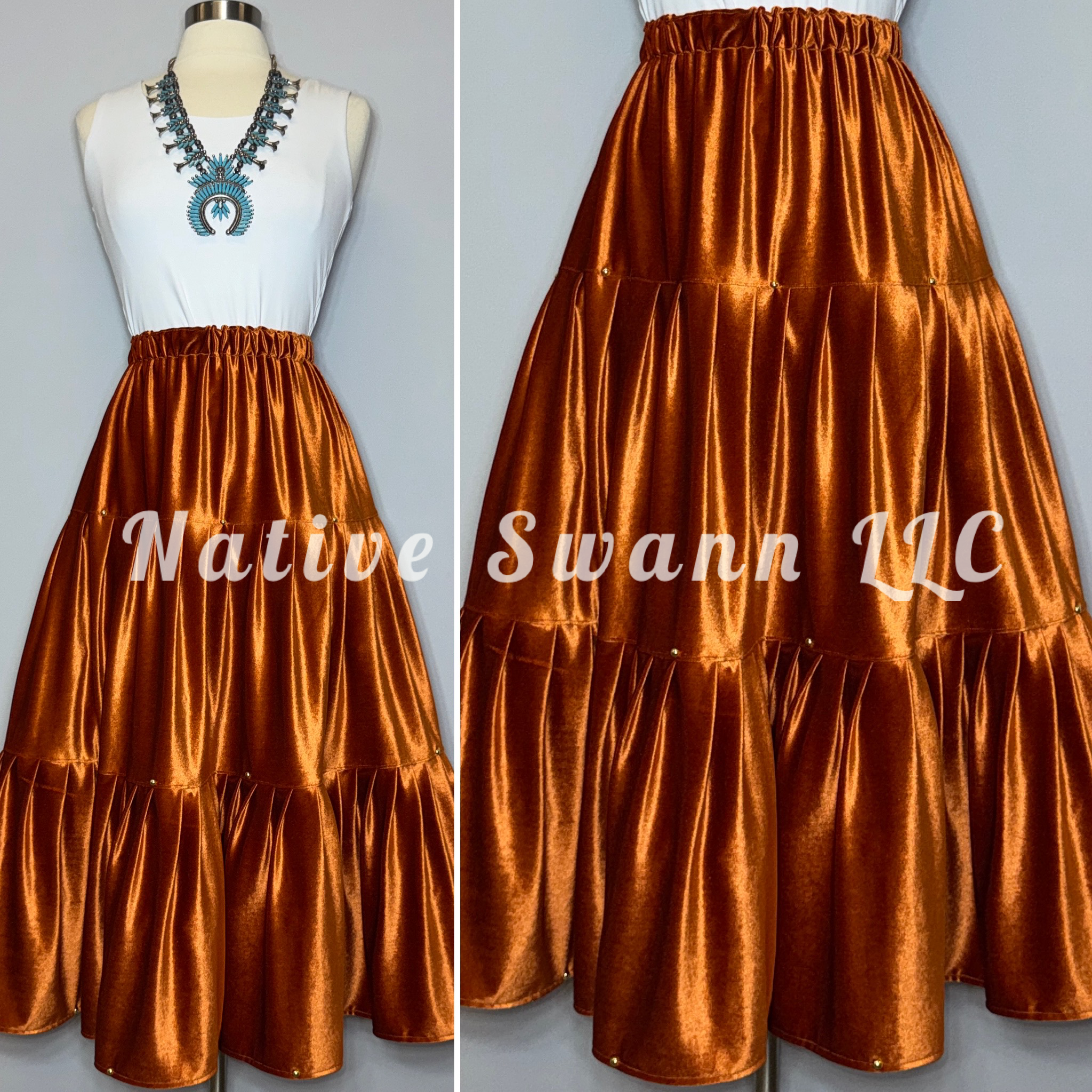 Rust Velvet 3 Tier Skirt w/ Gold Studs