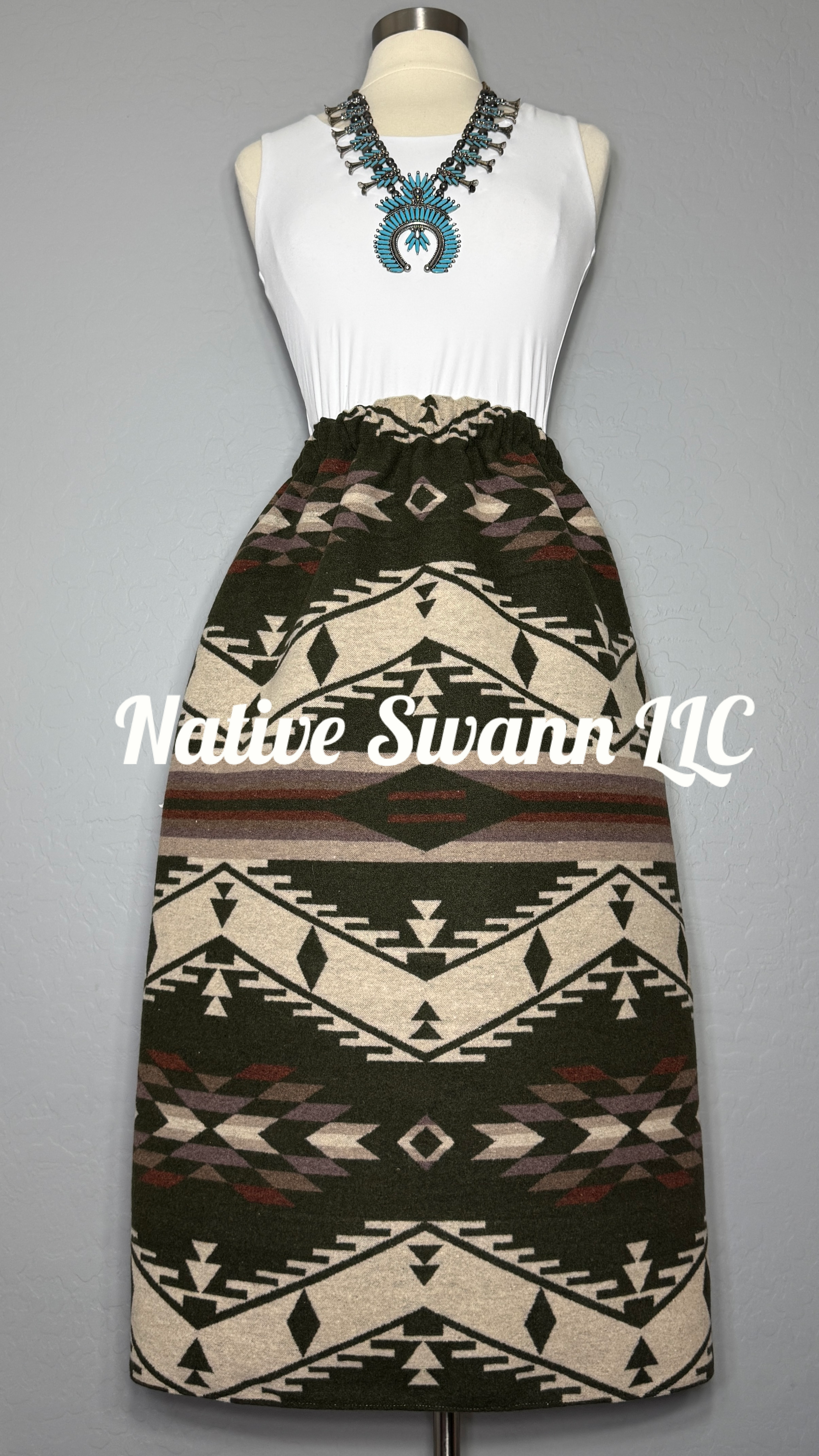 Hunter Green Native Design Wool Skirt