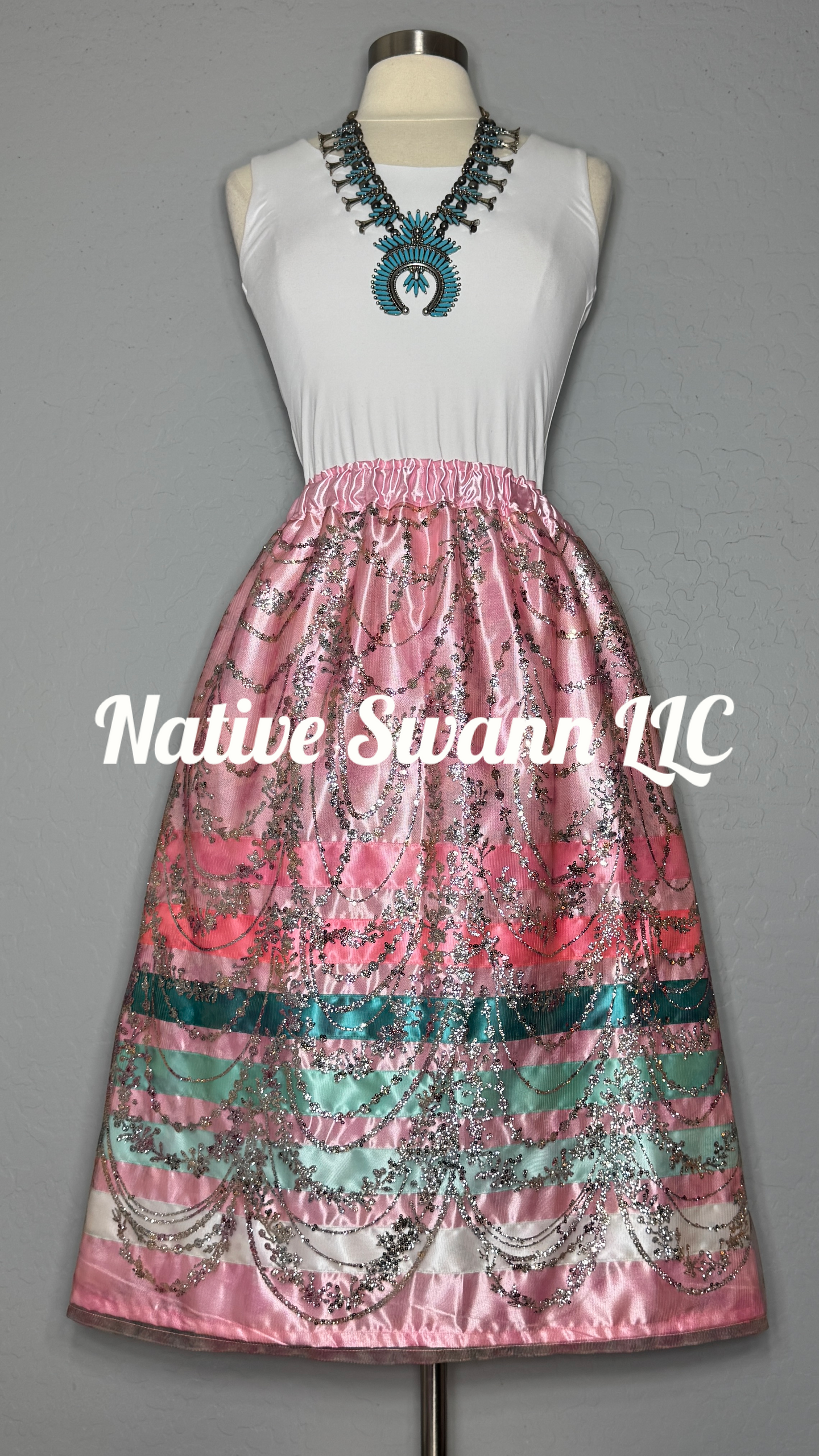 Pink Glitter Mesh Overlay Satin Ribbon Skirt