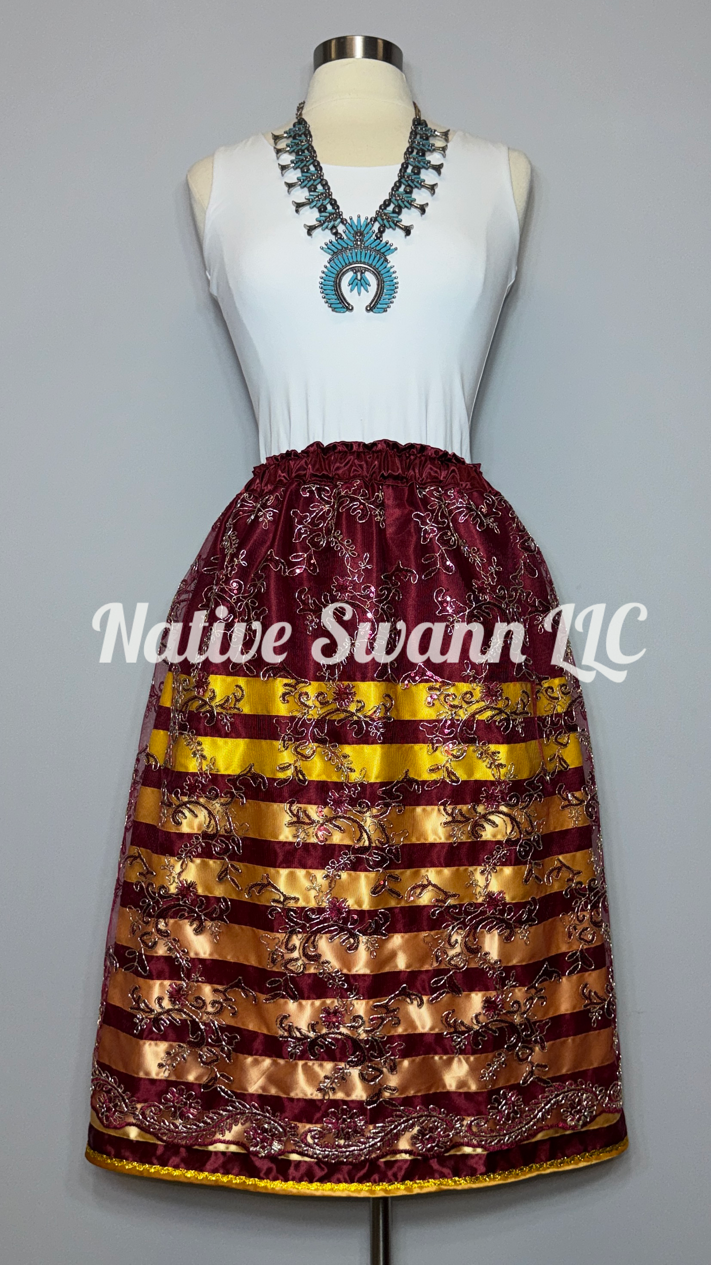 Burgundy Gold Floral Overlay Satin Ribbon Skirt