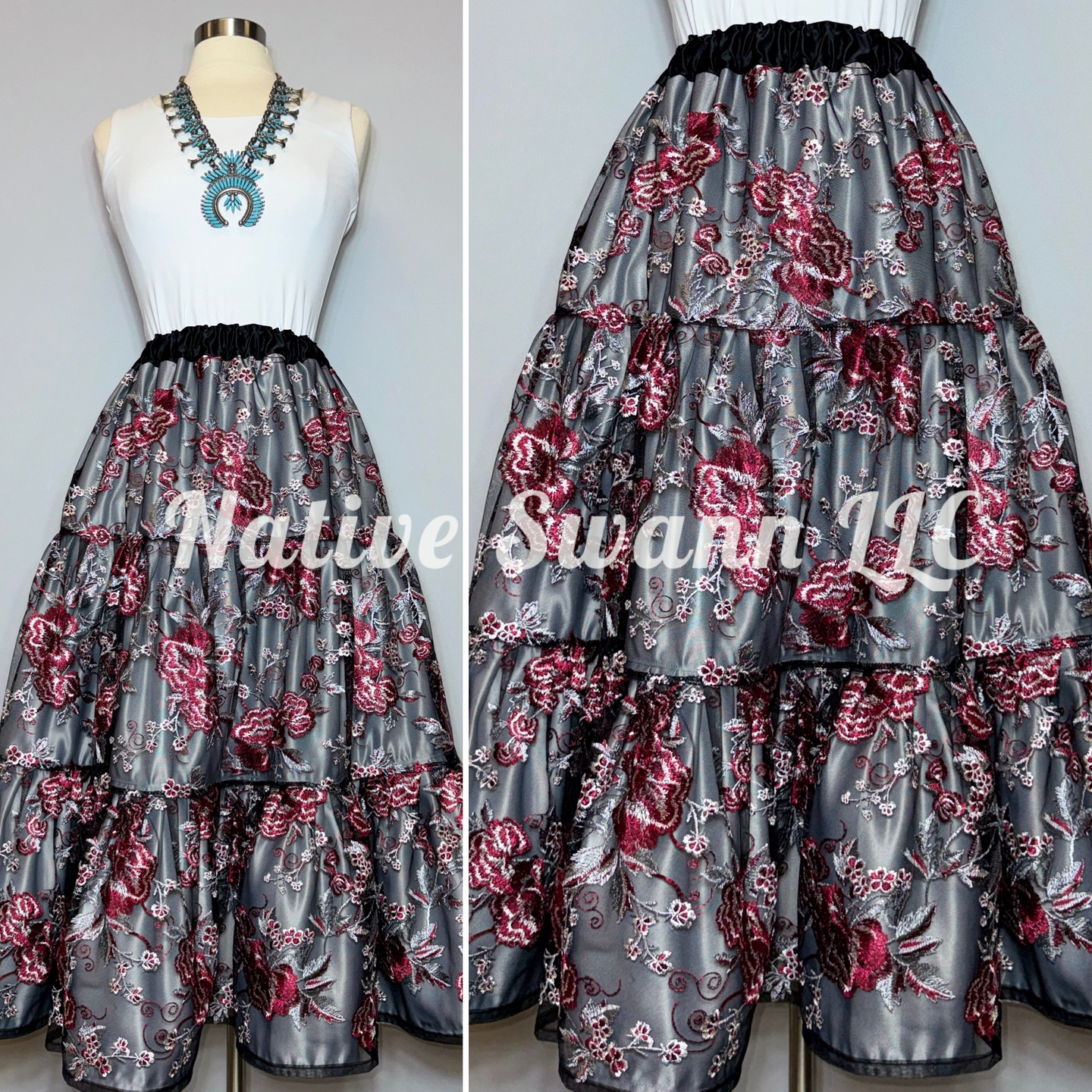 Burgundy-Grey-Black Embroidered Floral 3 Tier Overlay Satin Skirt