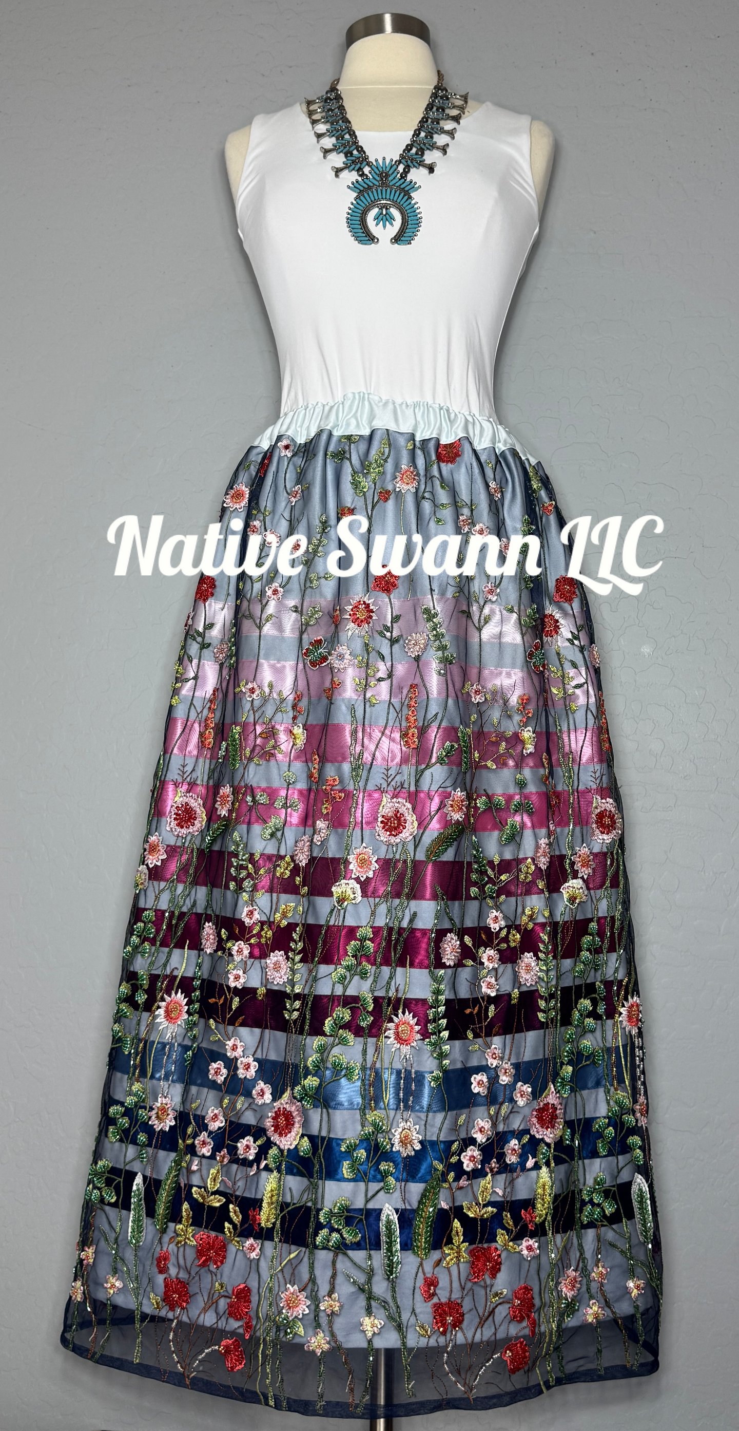 Navy Lt. Blue Beaded Embroidered Floral Long Overlay Satin Ribbon Skirt
