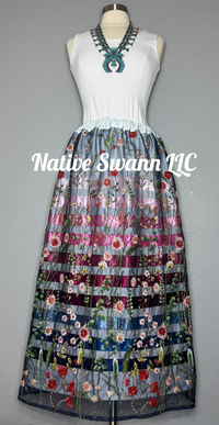 Navy Lt. Blue Beaded Embroidered Floral Long Overlay Satin Ribbon Skirt