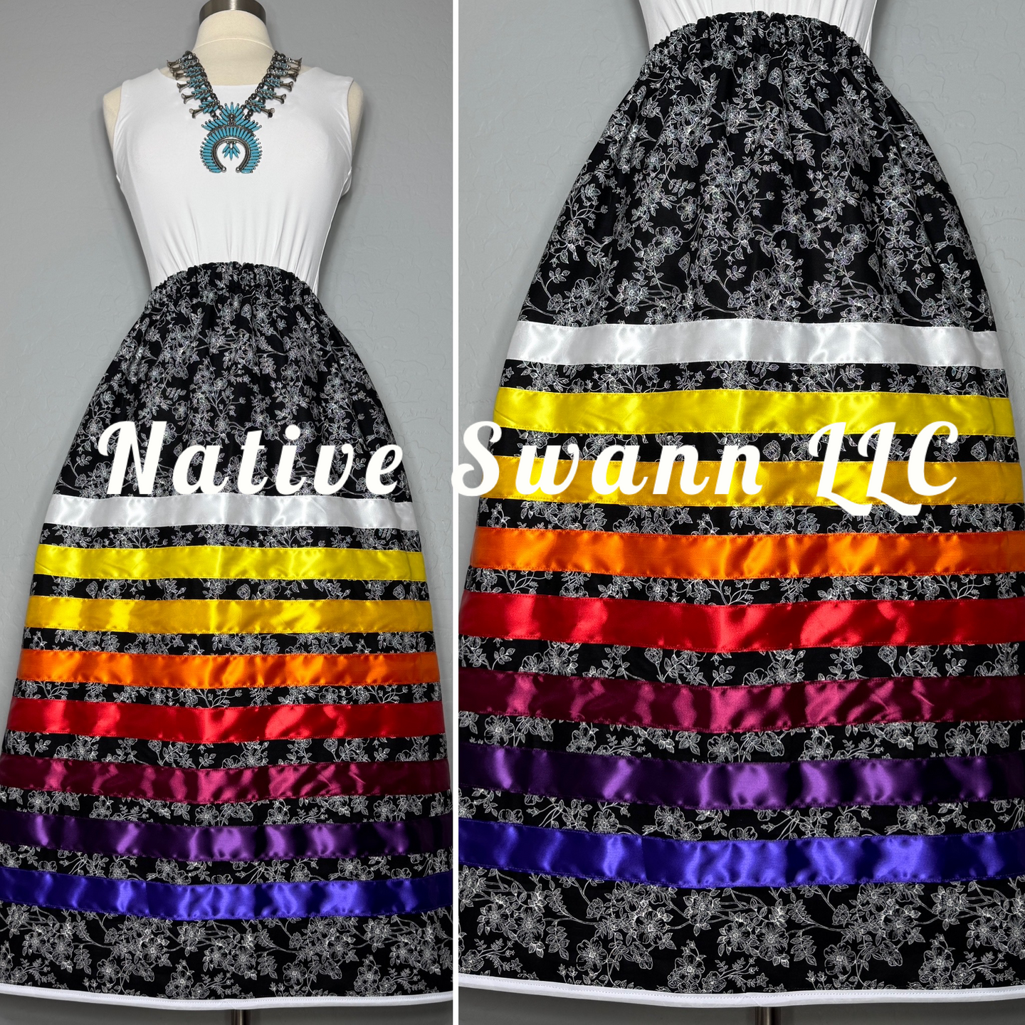 Black + White Floral Cotton Ribbon Skirt w/ White Trim & Pockets