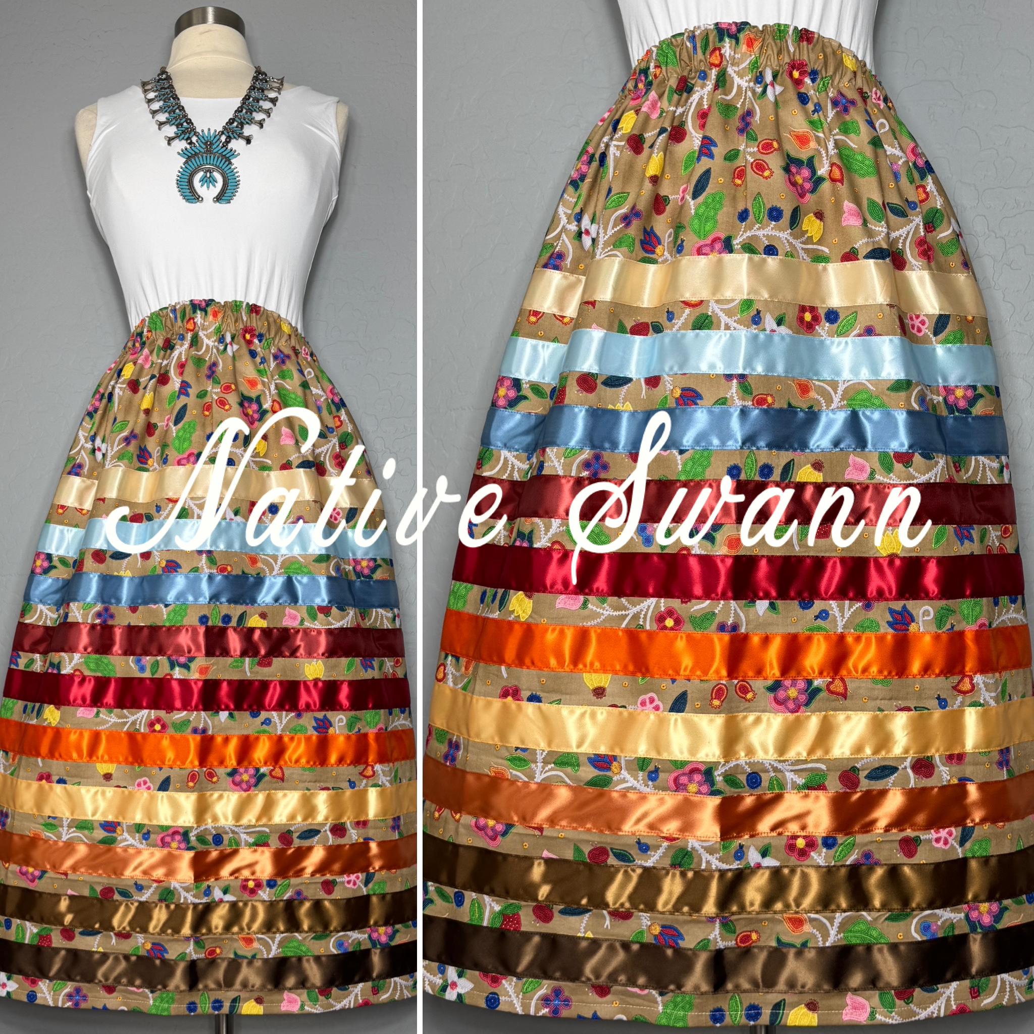 Beige Beaded Floral Cotton Ribbon Skirt