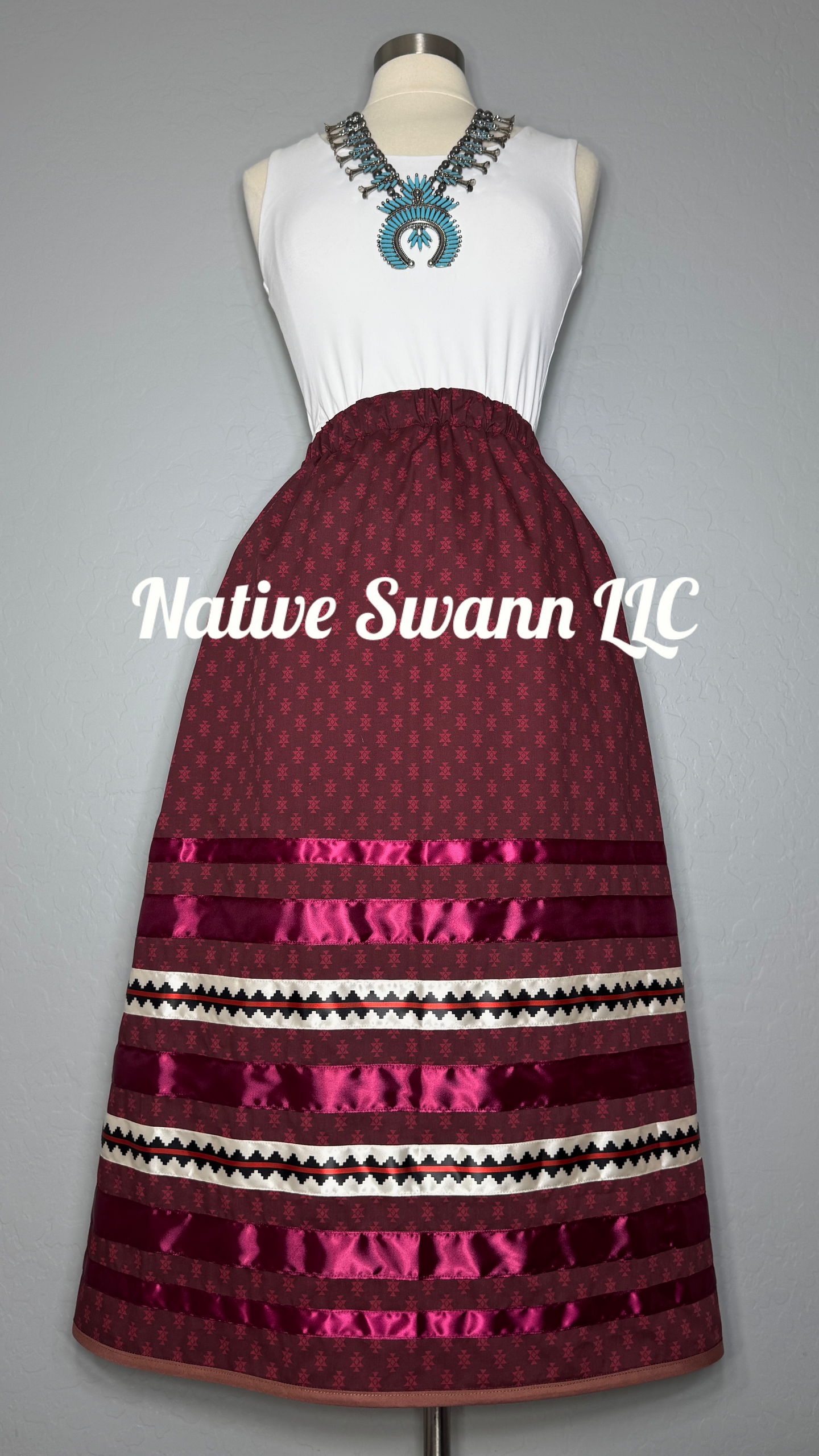 Burgundy Navajo Basket Design Cotton Ribbon Skirt w/ Pockets