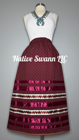 Burgundy Navajo Basket Design Cotton Ribbon Skirt w/ Pockets
