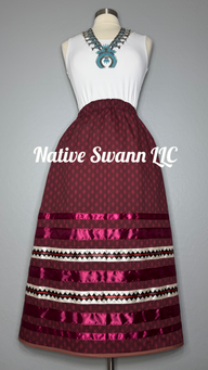 Burgundy Navajo Basket Design Cotton Ribbon Skirt w/ Pockets