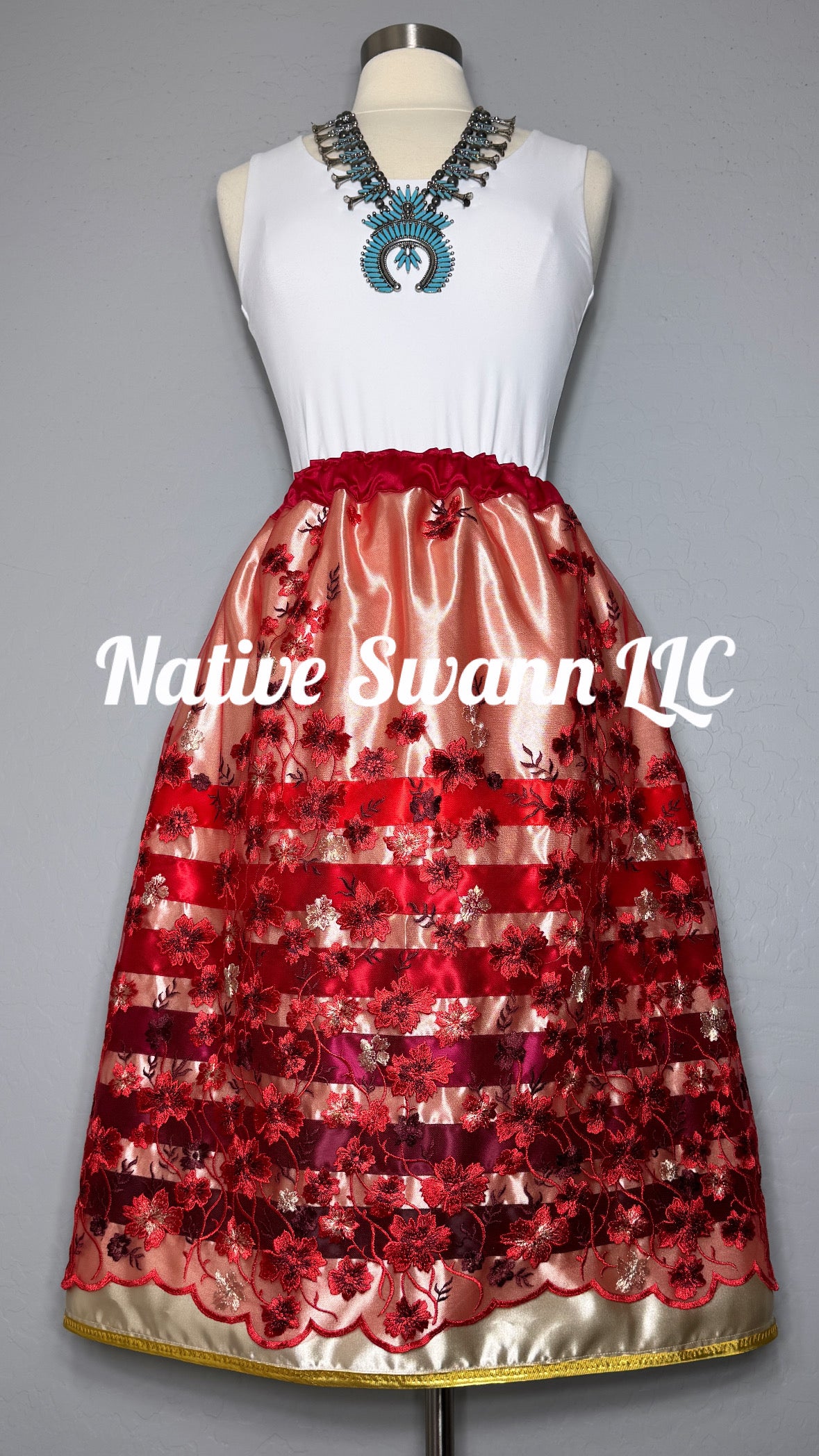 Red+Gold Emb Floral Overlay Satin Ribbon Skirt