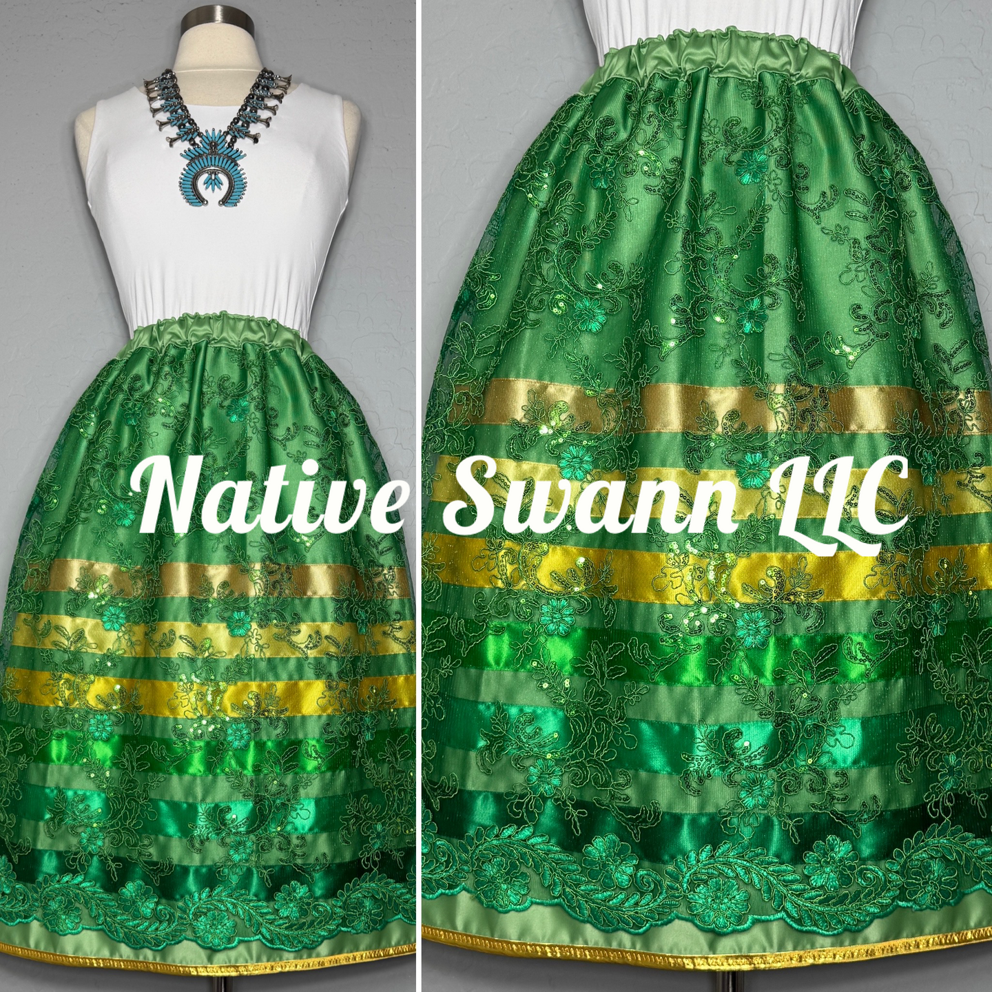 Green Floral Overlay Satin Ribbon Skirt