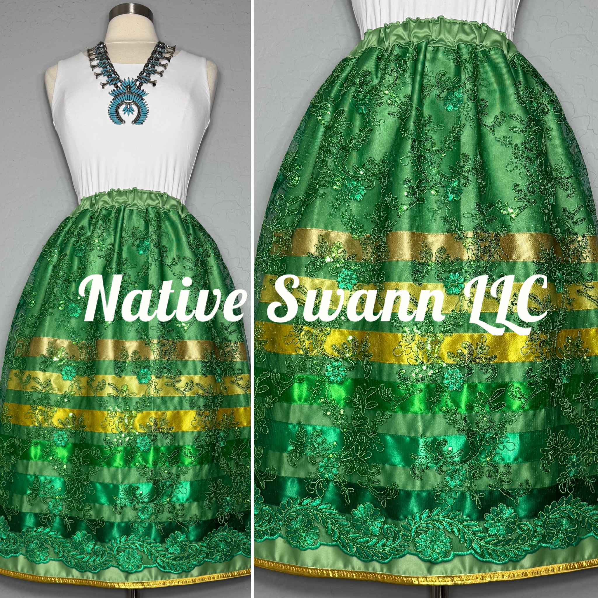Green Floral Overlay Satin Ribbon Skirt