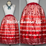 Red Floral Overlay Satin Ribbon Skirt w/ Red Ric Rack Trim