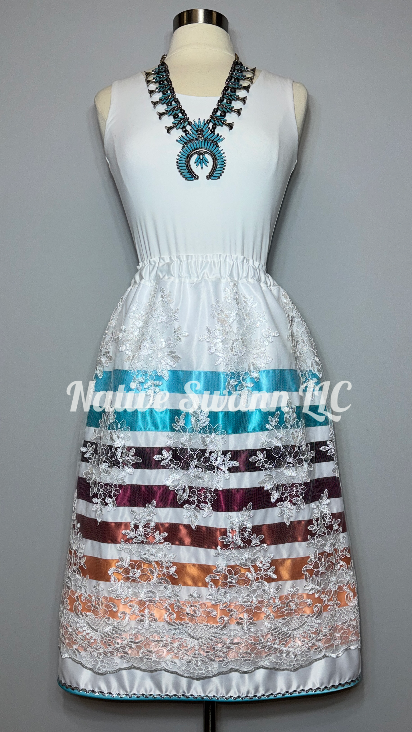 White Florals Overlay Satin Ribbon Skirt