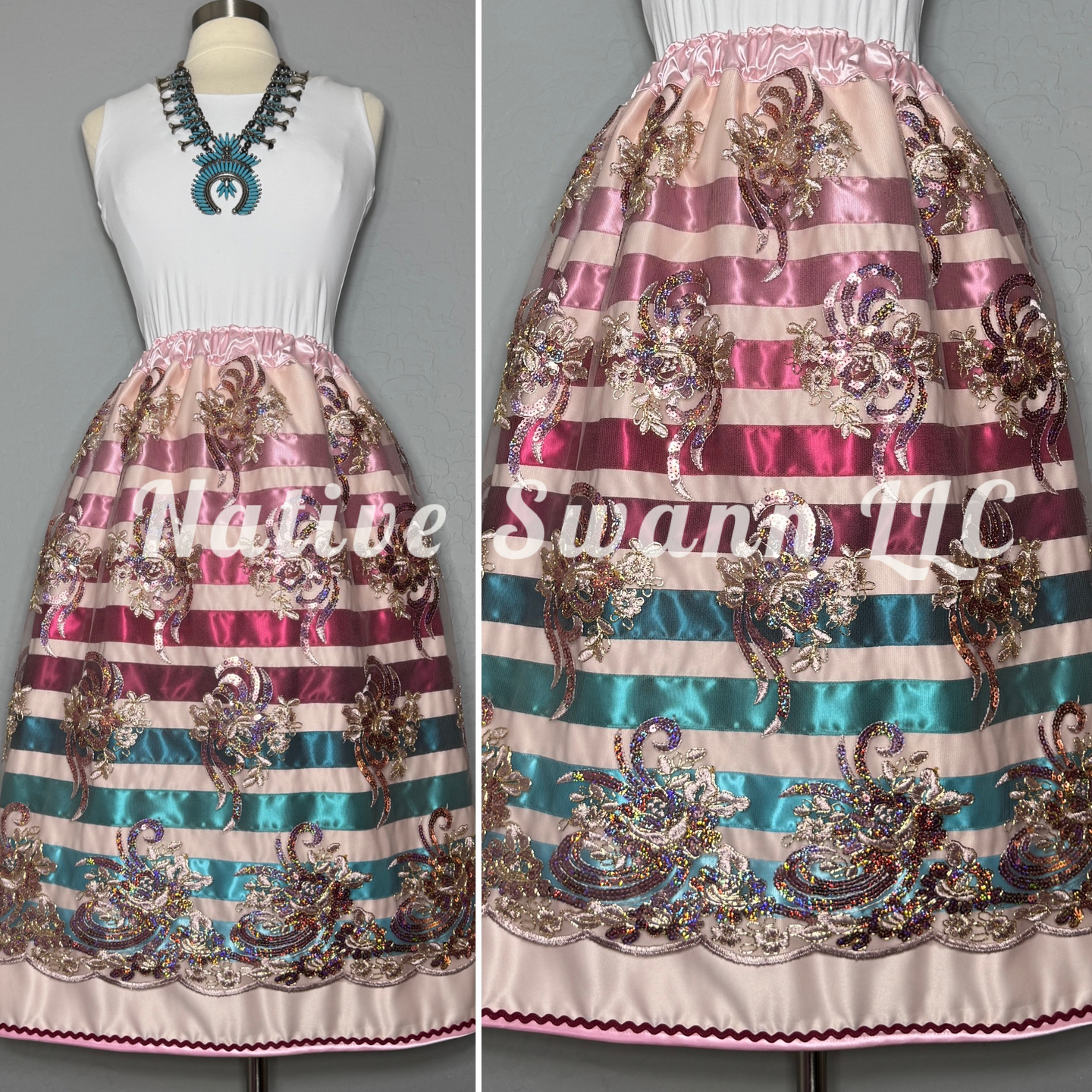 Pink Sequins Overlay Satin Ribbon Skirt