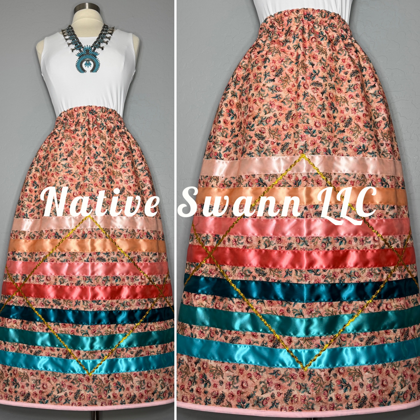 NEW Peach Florals Cotton Ribbon Skirt w/ Pockets