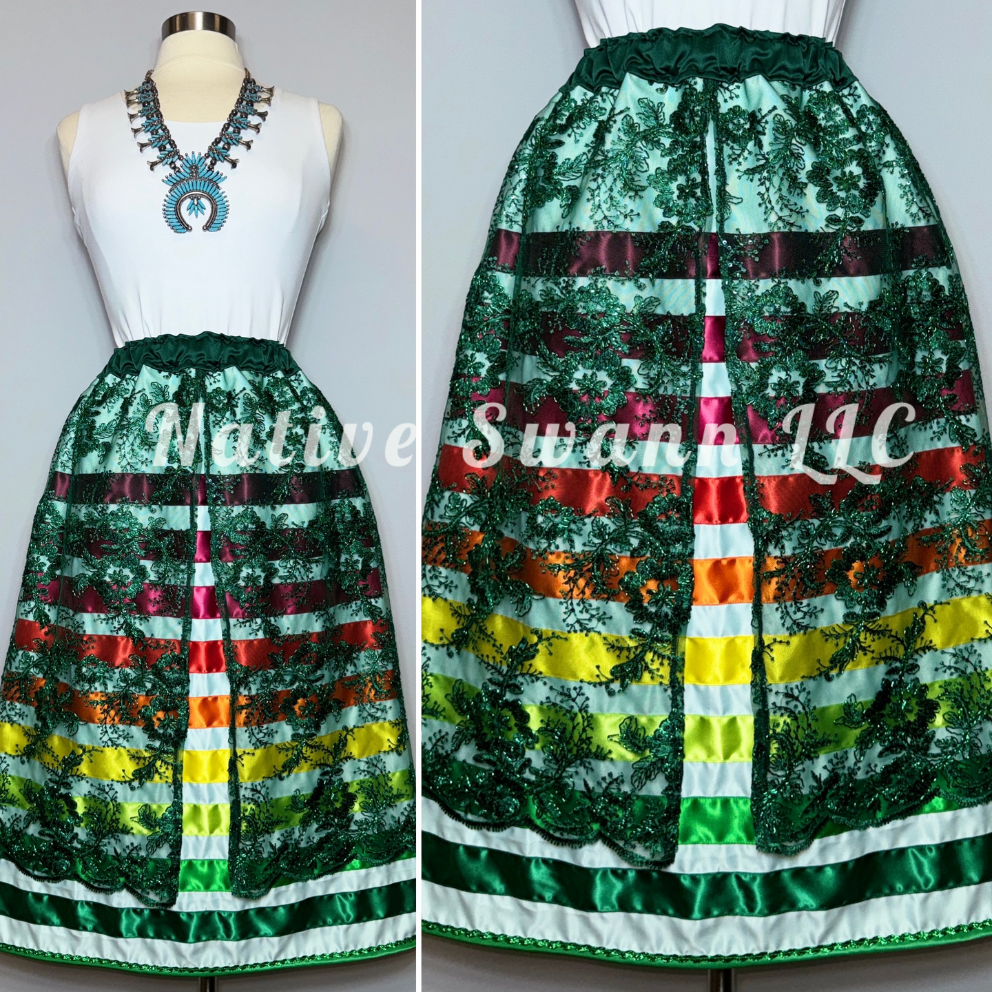 Green-Mint Floral Overlay Satin Ribbon Skirt w/ (opened front)