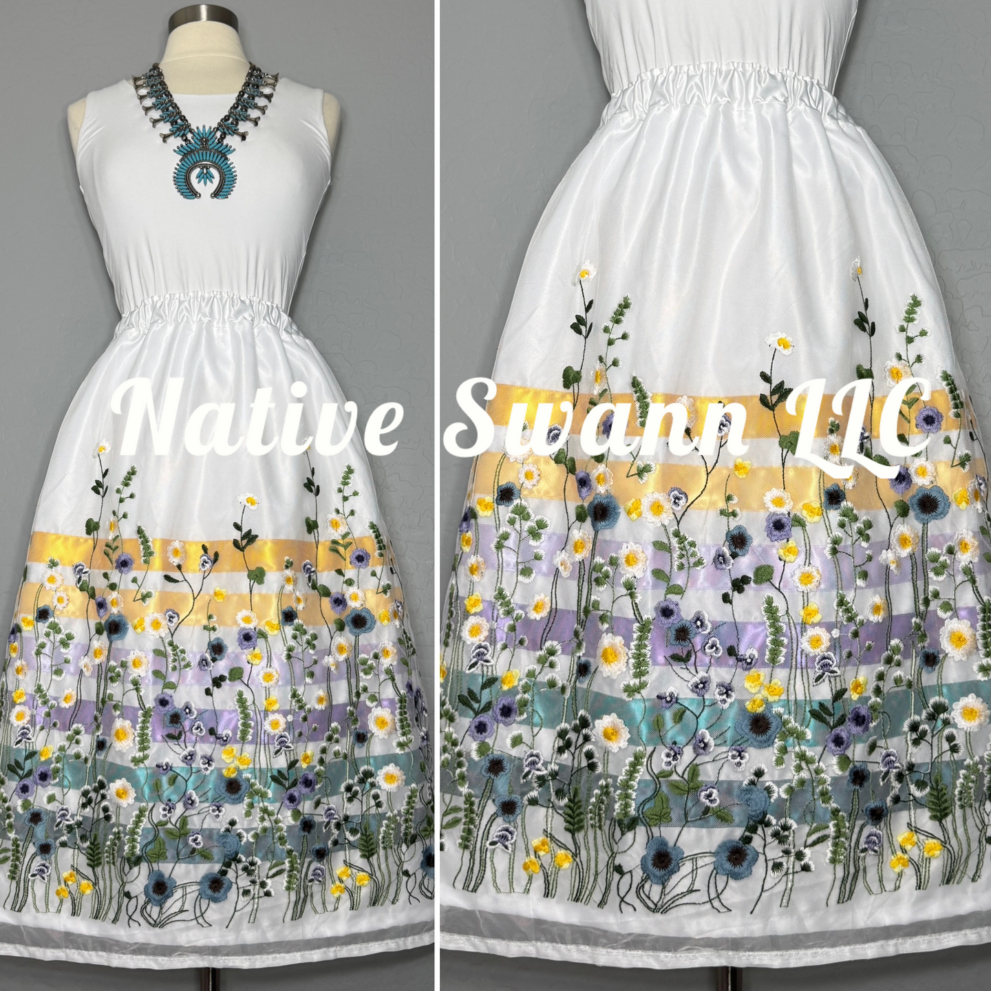 Spring Emb Floral Overlay Satin Ribbon Skirt