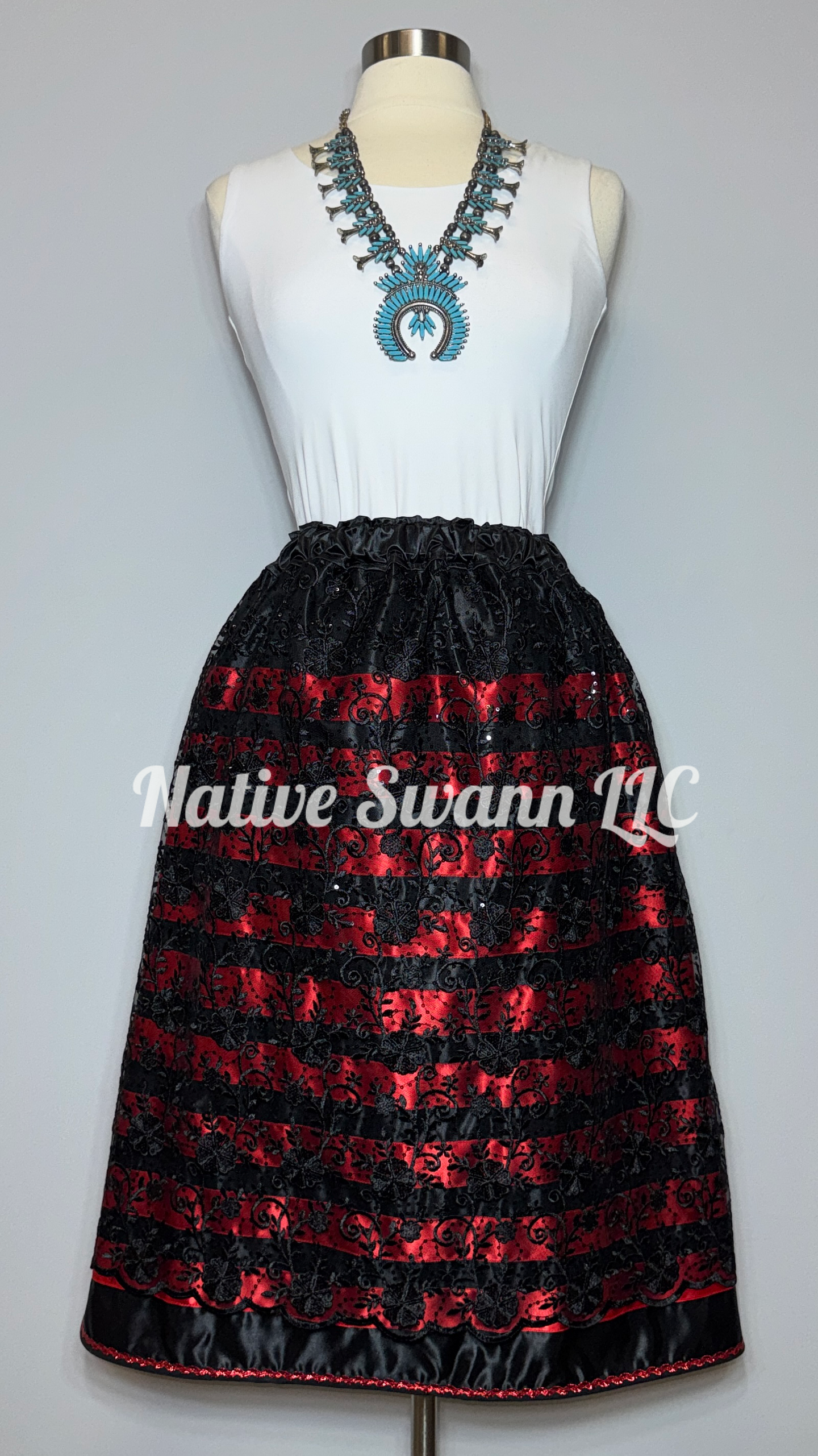Black+Black+Red Floral Overlay Satin Ribbon Skirt