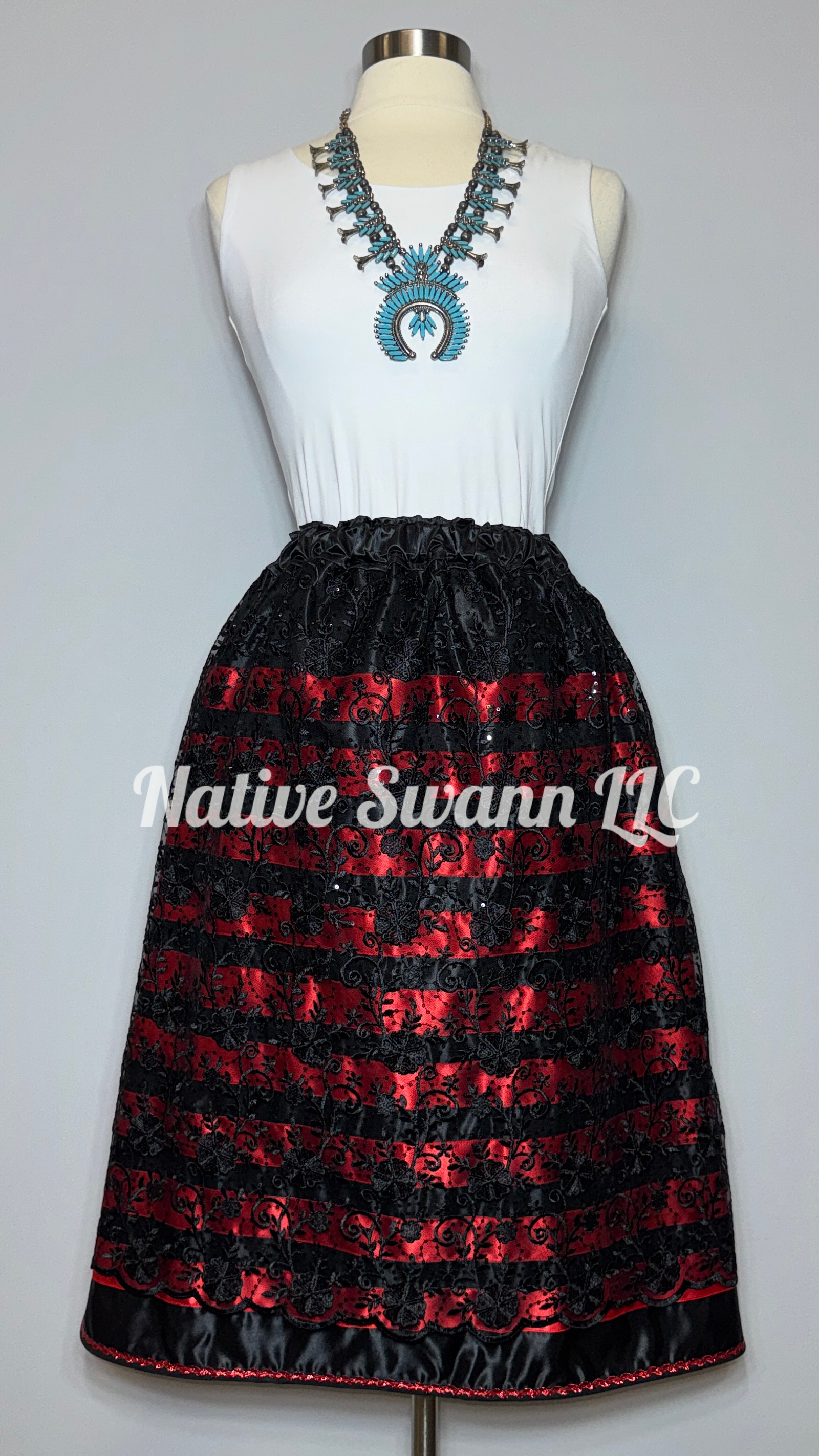Black+Black+Red Floral Overlay Satin Ribbon Skirt