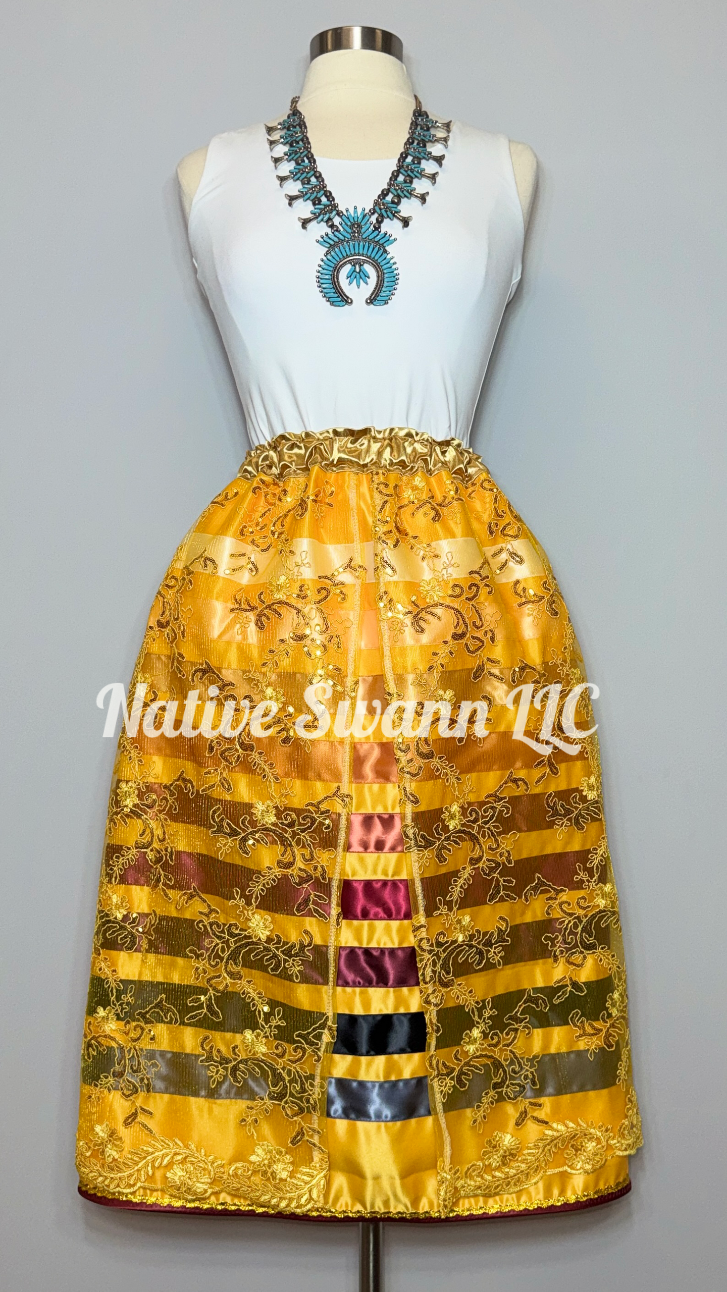 Yellow-Gold Floral Overlay Satin Ribbon Skirt (Opened Front)