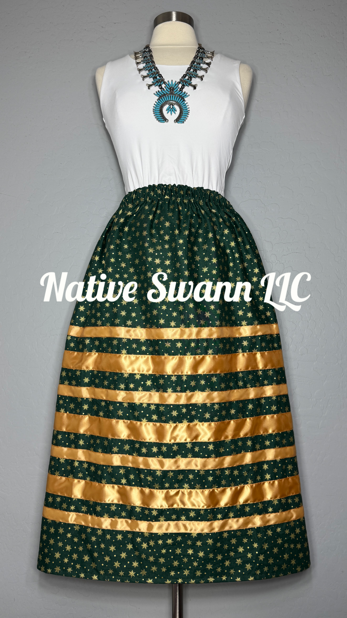 Hunter Green & Gold Snowflakes Cotton Ribbon Skirt