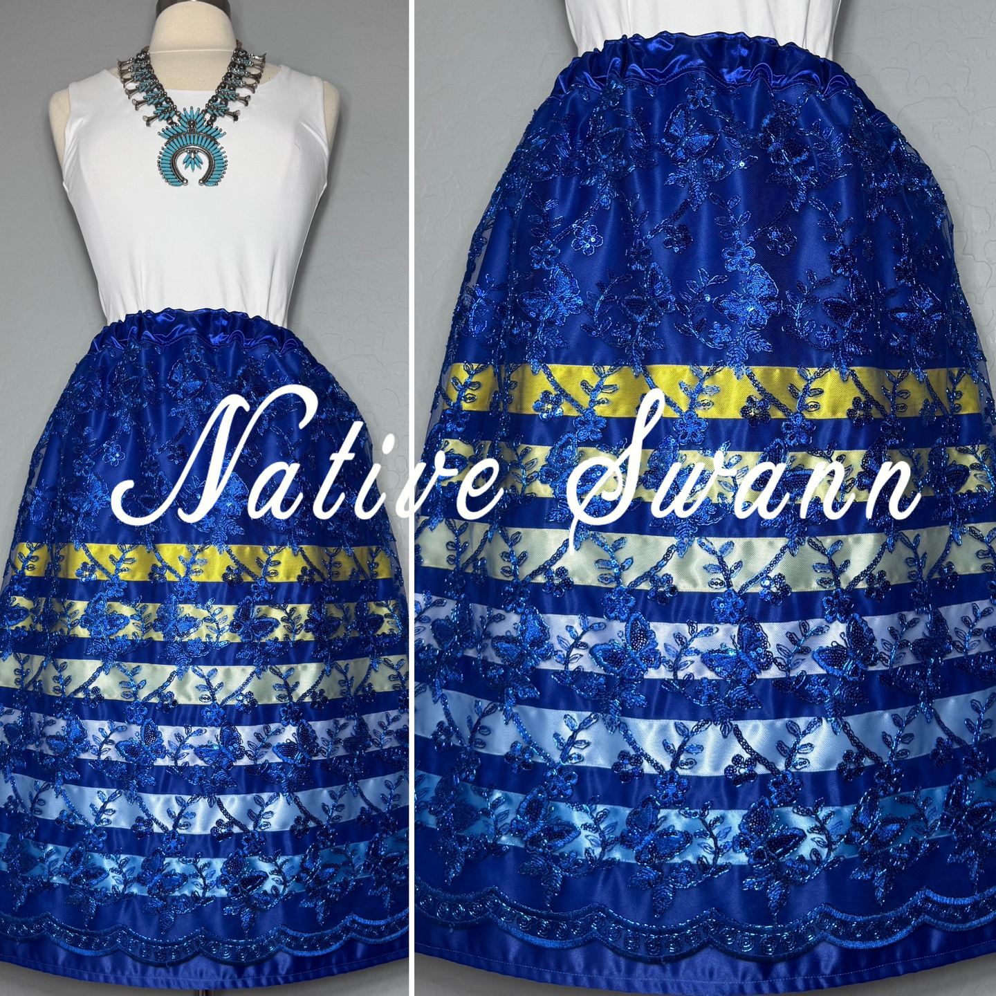 Royal Blue Butterfly Sequins Overlay Satin Ribbon Skirt