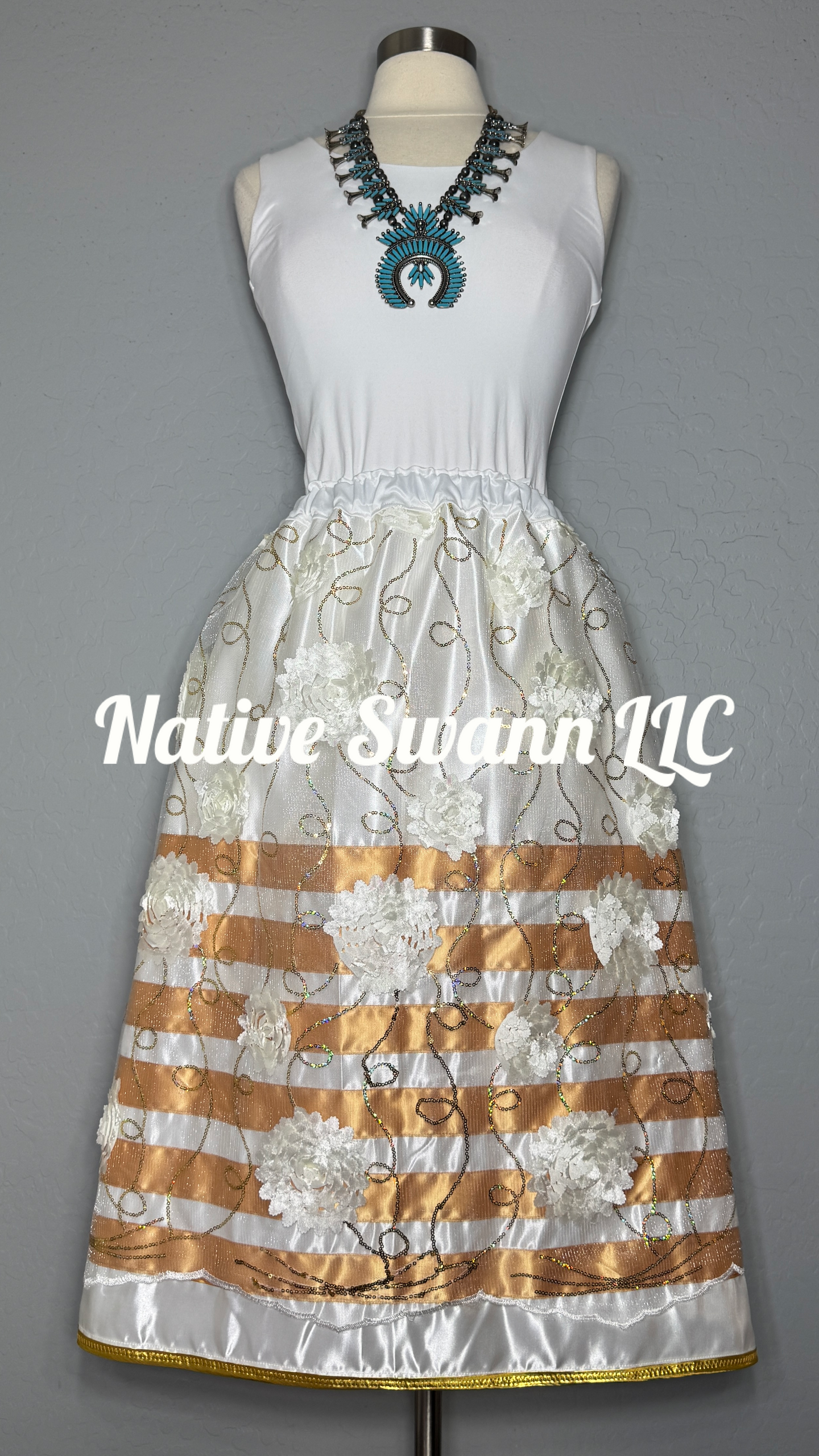 White-Ivory-Gold Flowers Overlay Satin Ribbon Skirt