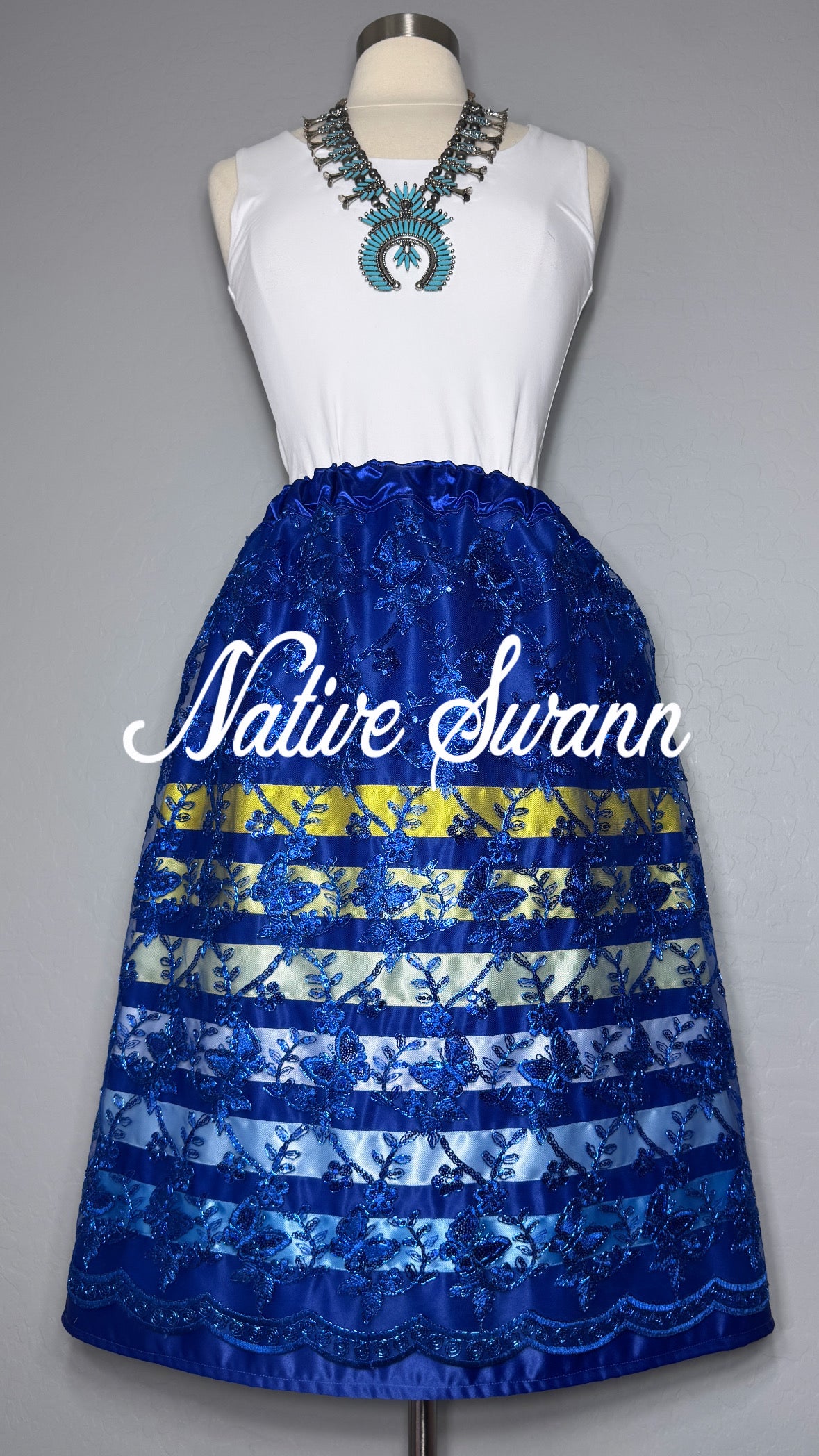Royal Blue Butterfly Sequins Overlay Satin Ribbon Skirt