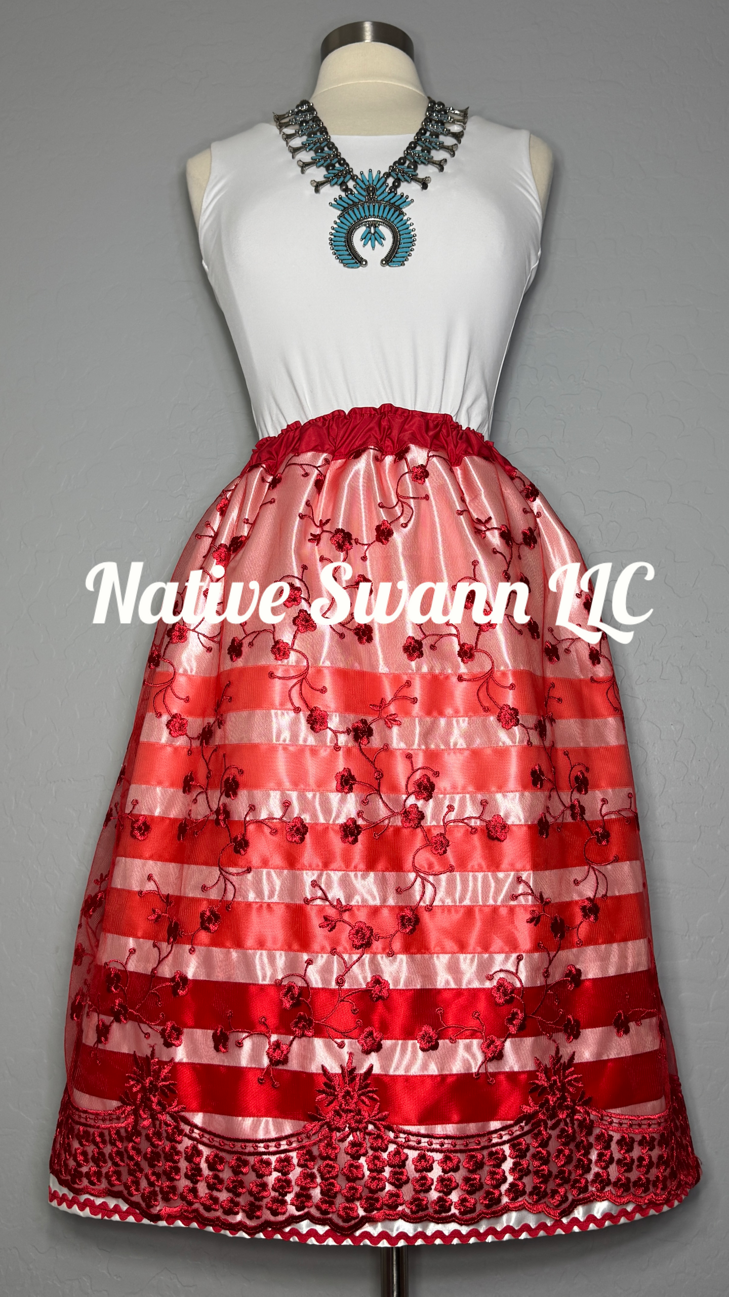 Red Floral Overlay Satin Ribbon Skirt w/ Red Ric Rack Trim