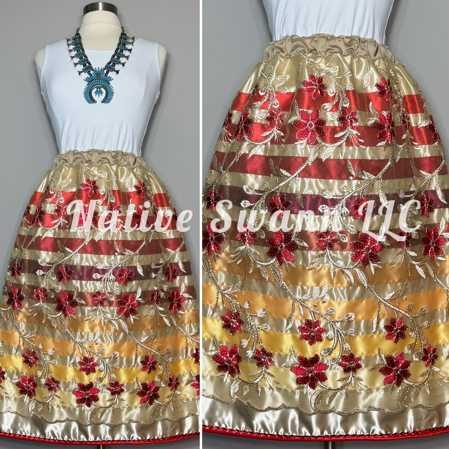 Red-Beige Embroidered Floral Overlay Satin Ribbon Skirt