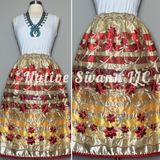 Red-Beige Embroidered Floral Overlay Satin Ribbon Skirt