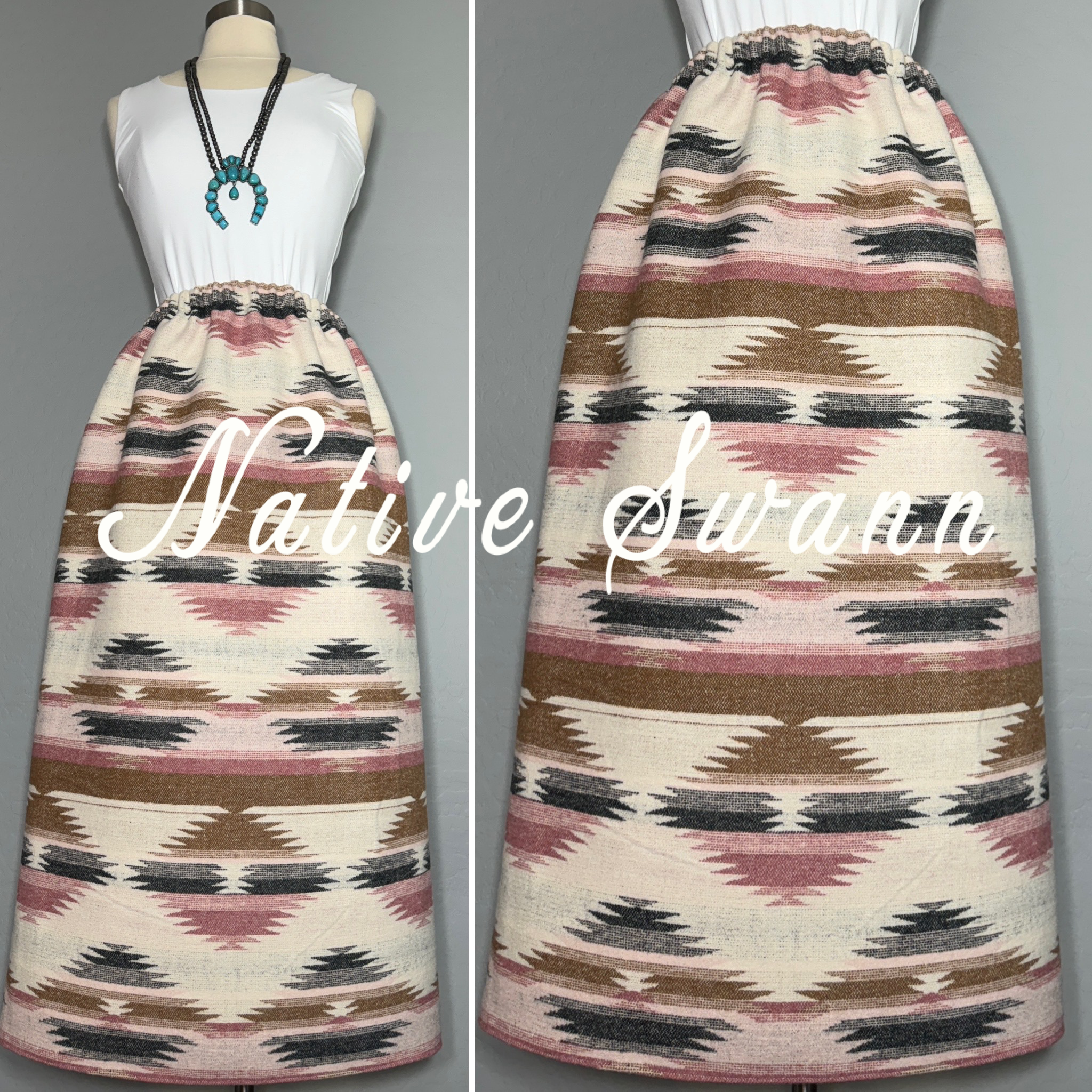 Ivory-Blush Pink-Gold Native Design Wool Skirt