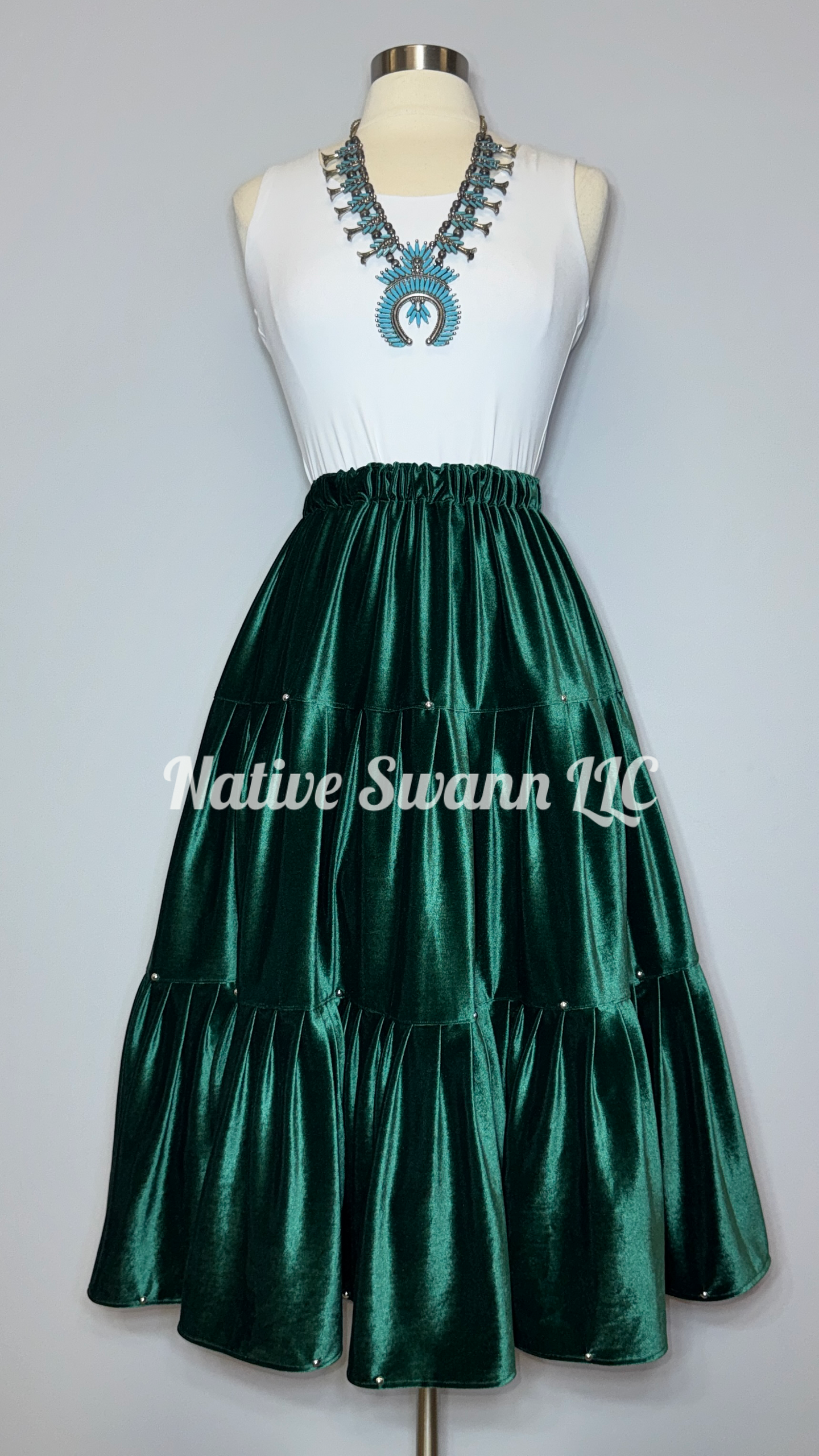 Forest Green Velvet 3 Tier Skirt w/ Silver Studs