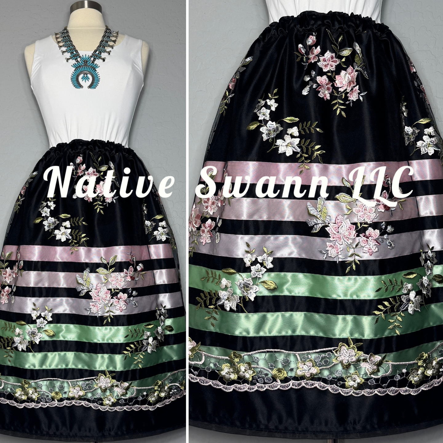 Black+Pink Emb Floral Overlay Satin Ribbon Skirt